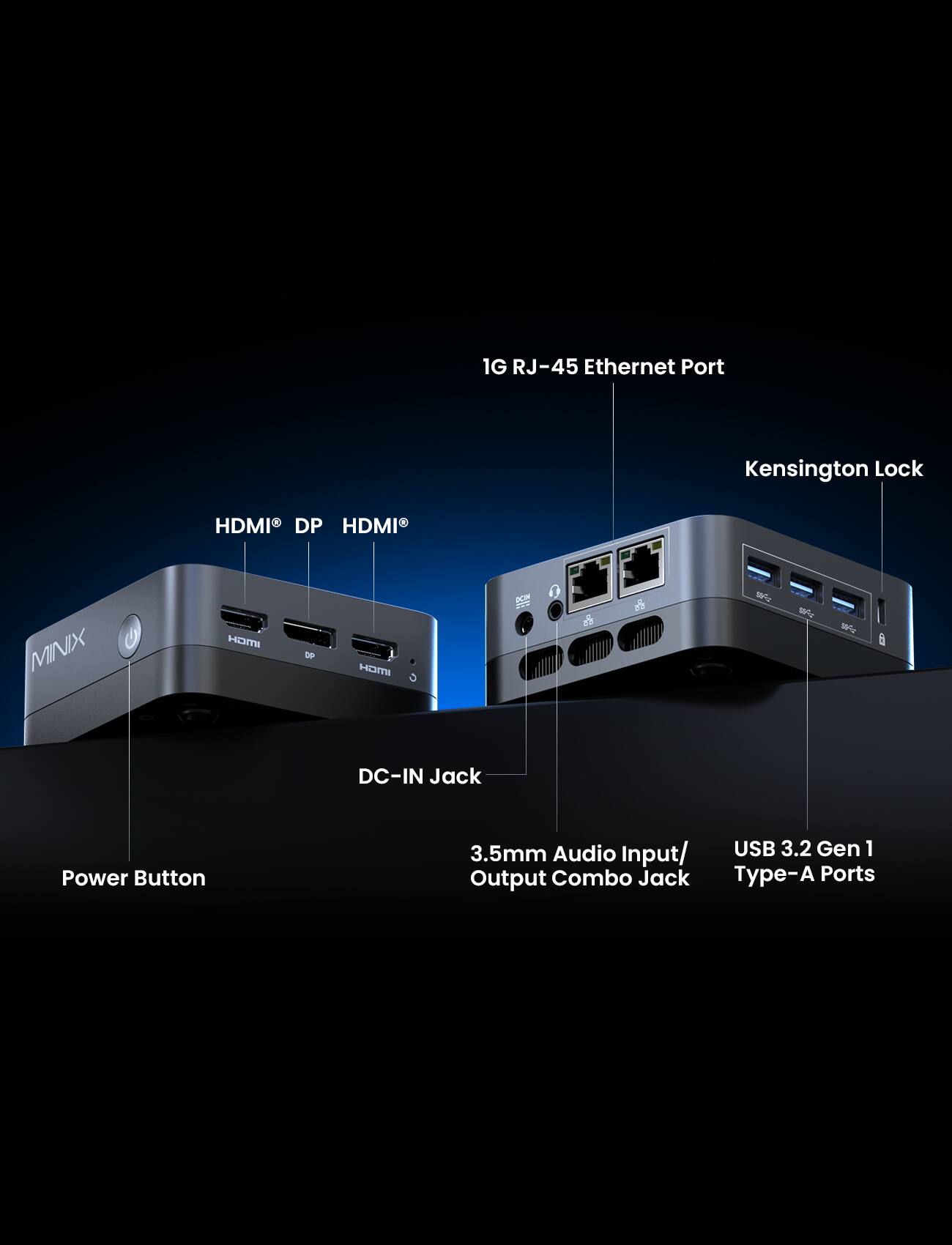 1G RJ-45 Ethernet Port  
Kensington Lock  
HDMI DP HDMI  
MINIX HOMI  
DC-IN Jack  
Power Button  
3.5mm Audio Input/Output Combo Jack  
USB 3.2 Gen 1 Type-A Ports