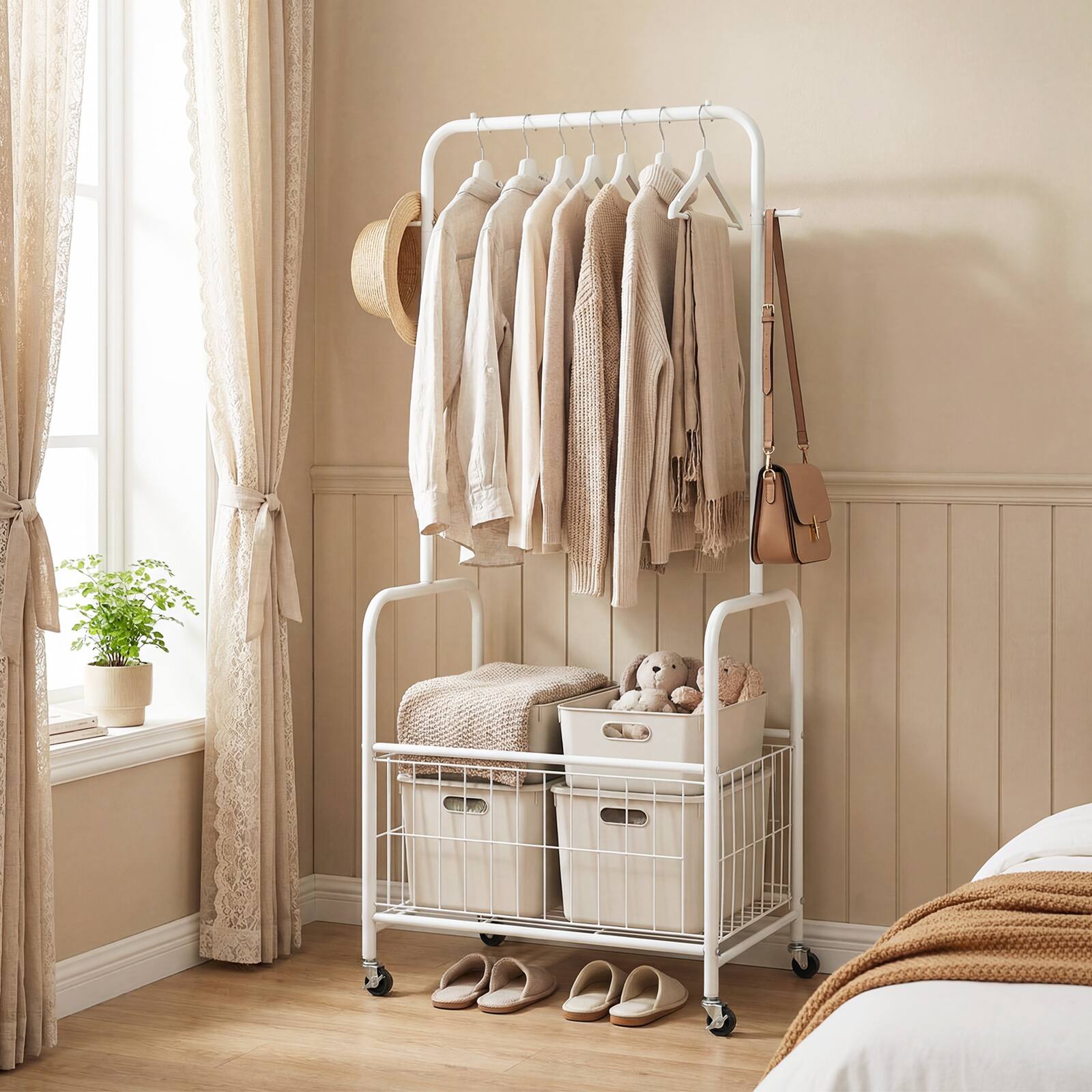 Alt View 1. Gymax - Gymax Rolling Clothes Rack w/Hanging Rod Side Hooks Storage Basket Lockable Wheels White - White.