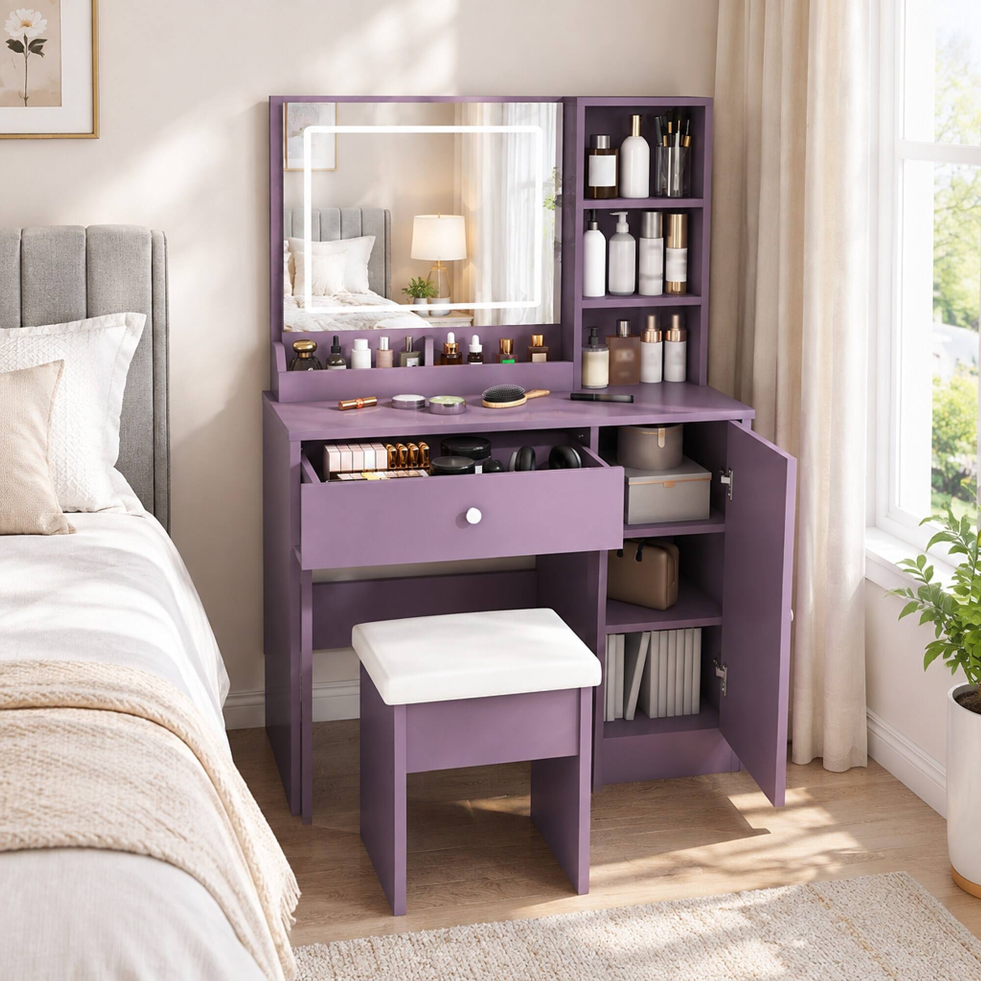 Angle. RYHNUYNE - Purple Vanity Desk Set, Padded Stool, 3-Color LED Mirror, Drawer and Storage Locker, MDF Makeup Station for Bedroom - Purple.
