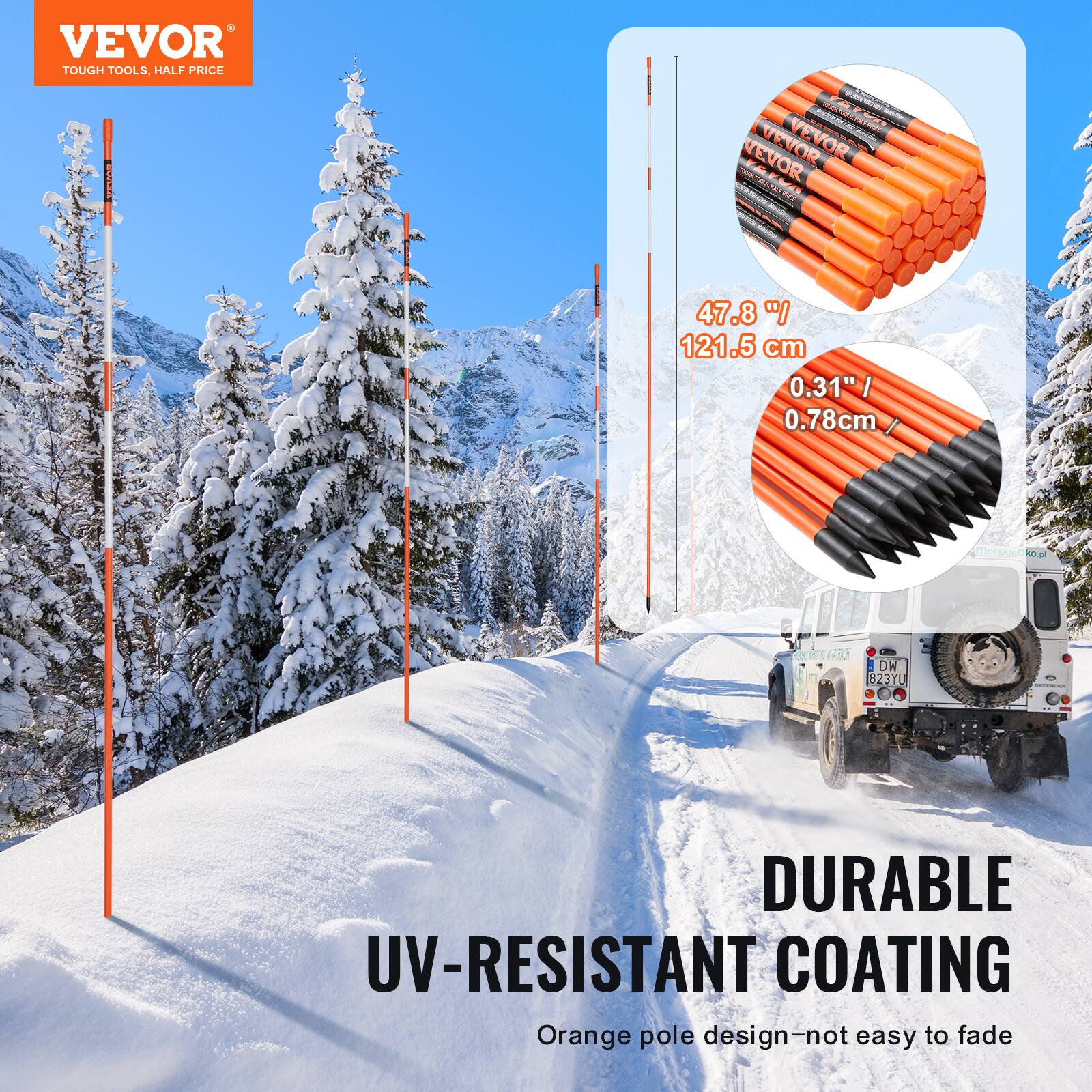 VEVOR  
TOUGH TOOLS, HALF PRICE  

47.8" / 121.5 cm  
0.31" / 0.78 cm  

DURABLE UV-RESISTANT COATING  
Orange pole design—not easy to fade