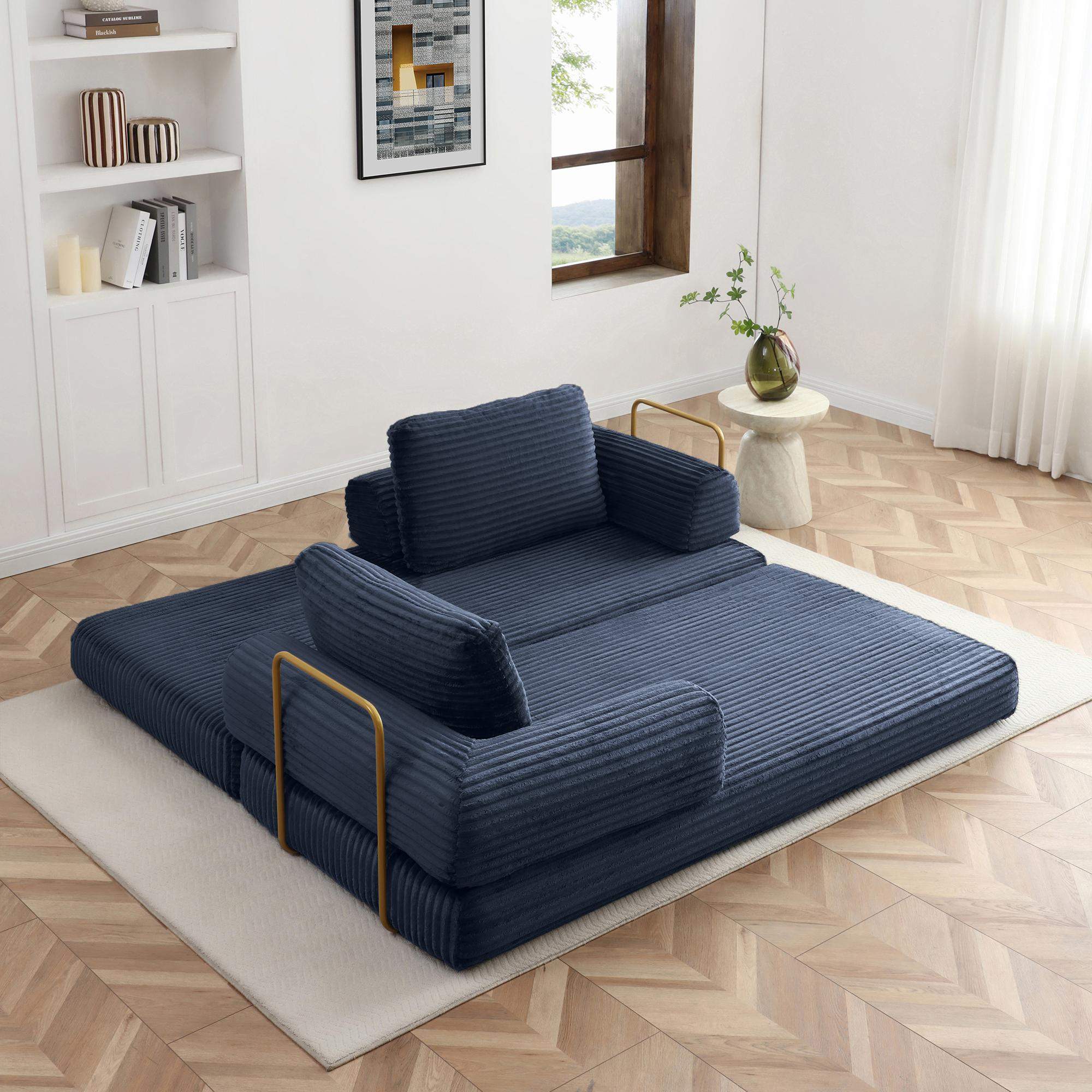 Left. Roomtec - Convertible Sofa Bed Folding Floor Couch Corduroy Fold Out Couch Bed Futon Sleeper Mattress with Pillows Boneless Sofa - Blue.