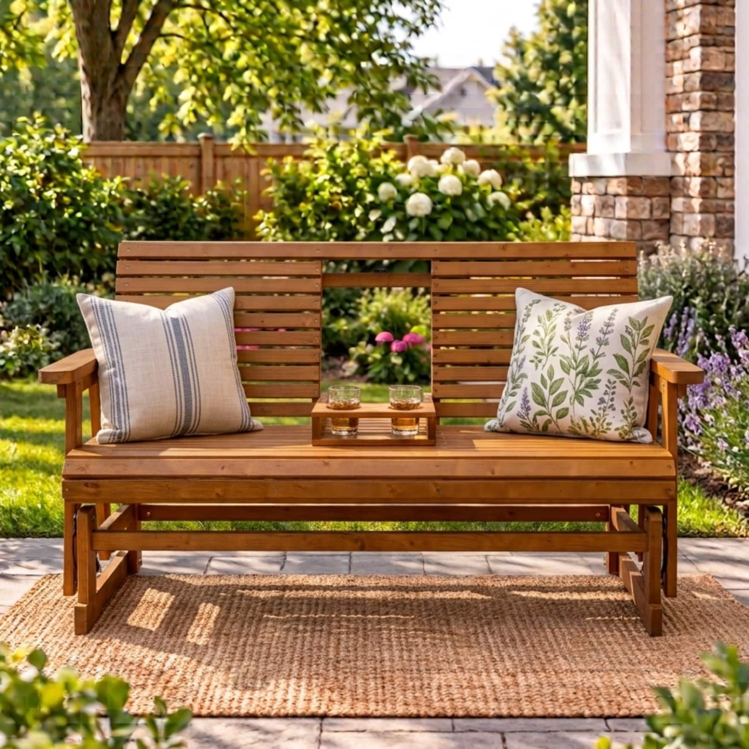 Fortune Candy - Outdoor Wooden Glider Bench with Foldable Cup Holder, 800 lbs Heavy Duty for Porch, Yard & Garden - Brown