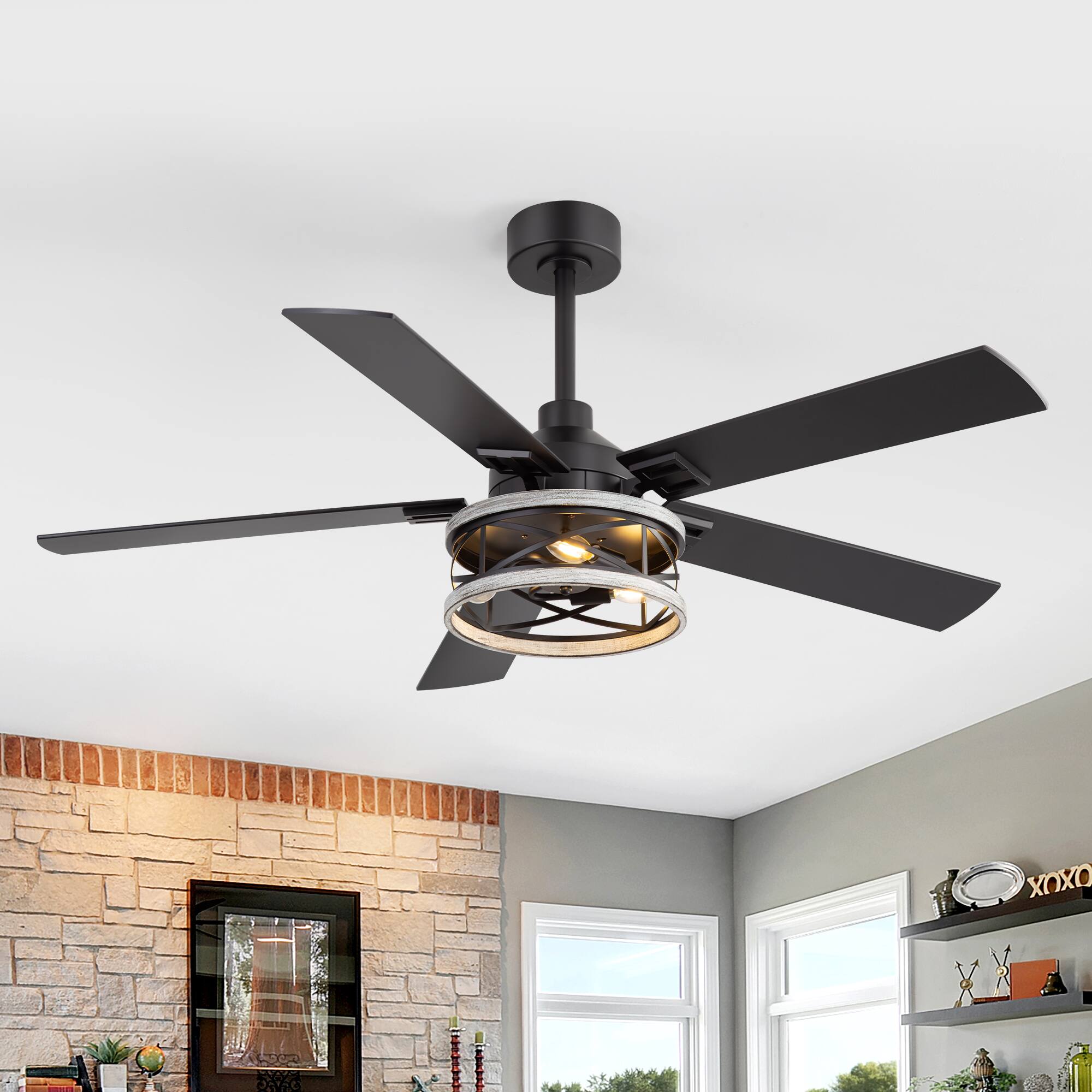 Angle. Breezary - 52-Inch Ceiling Fan with Light, 5 Reversible Blades, E12 Bulb Base, DC Motor, Includes two Downrods - black.