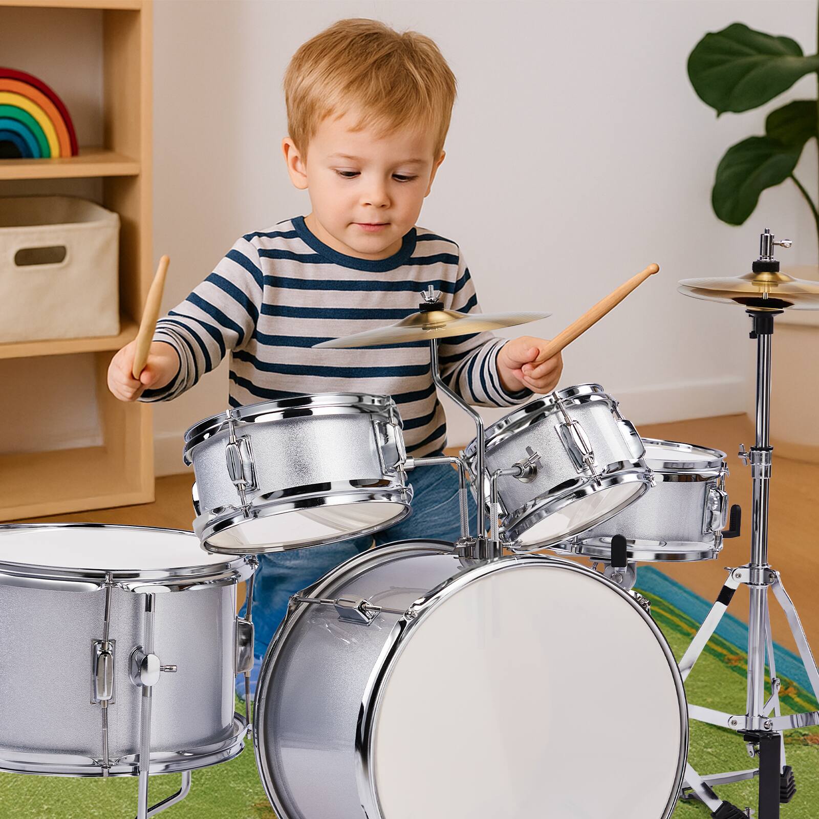 Alt View 4. Winado - 5-Piece Complete Junior Drums Set, 14 Inch Beginners Drum Kit with Throne Stool, Pedal & Drumsticks, Drums Musical Instr.