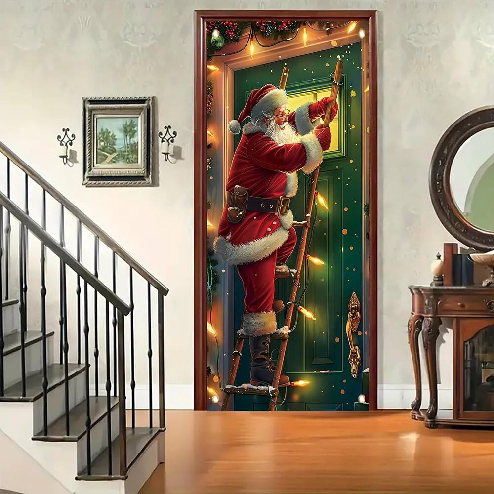 Angle. MOSZAR LLC - Santa Climbing Door Banner, 71×35 in, Green with Holiday Lights, Christmas Decor - red.