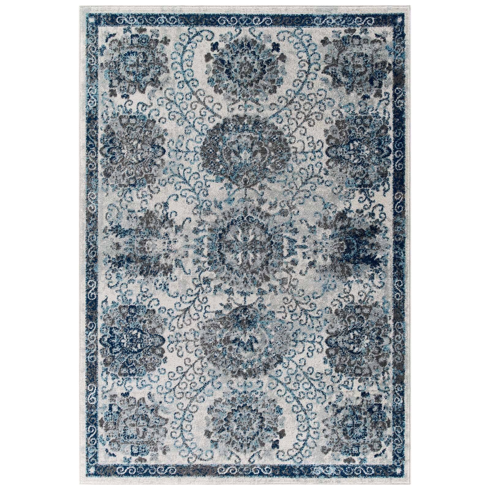 Angle. Modway - Entourage Kensie Distressed Floral Moroccan Trellis Area Rug - Ivory and Blue.