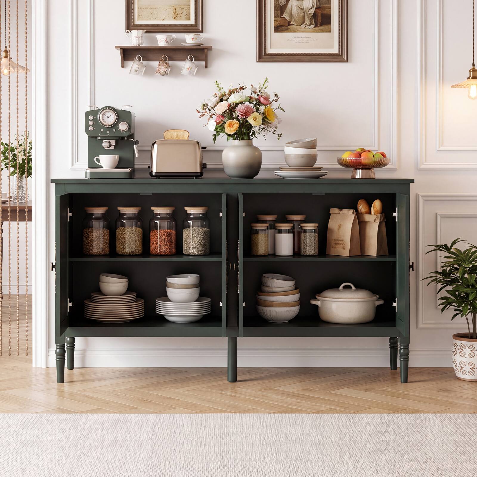 Alt View 3. Costway - Costway 58" Vintage Buffet Cabinet with 4 Doors & 2 Shelves, Storage, Pine Wood Legs - Green.