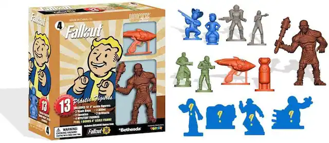 SBT 1 Fallut 1G Falleut MADE IN CHINA 3+ 4 Fallut naforce coye Plastic Figures SOLIN 13 13 INCLUDES 2 Vault Boys 12 2 scale 2 2 Allles Artifacts figures: RAWT PLASTIC 2 Enemies wr 4 MYSTERY FIGURES FIGBRES BONUS 4 SCALE FIGURE PLUS: 1 EXCLUSIVE Spures I Includes A WARNING: "Bethesda TOYAK 4 HAZARD- Fallout 76 CHOKING ! ? ? !