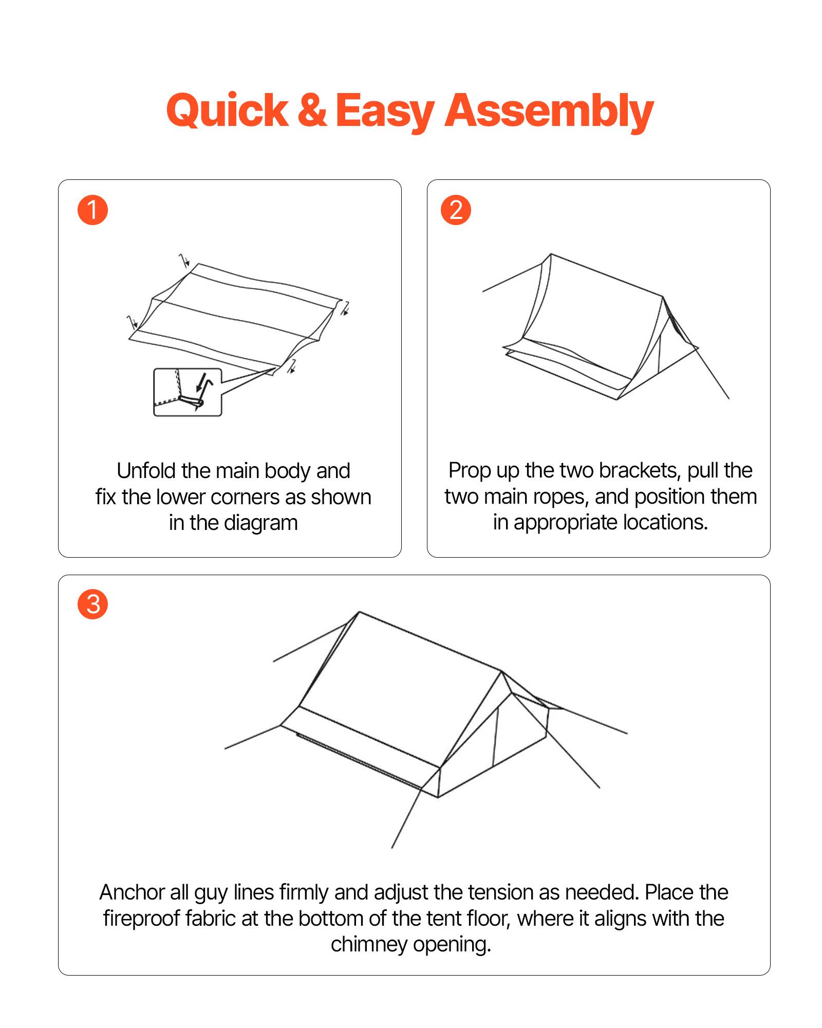 Quick & Easy Assembly

1. Unfold the main body and fix the lower corners as shown in the diagram.

2. Prop up the two brackets, pull the two main ropes, and position them in appropriate locations.

3. Anchor all guy lines firmly and adjust the tension as needed. Place the fireproof fabric at the bottom of the tent floor, where it aligns with the chimney opening.
