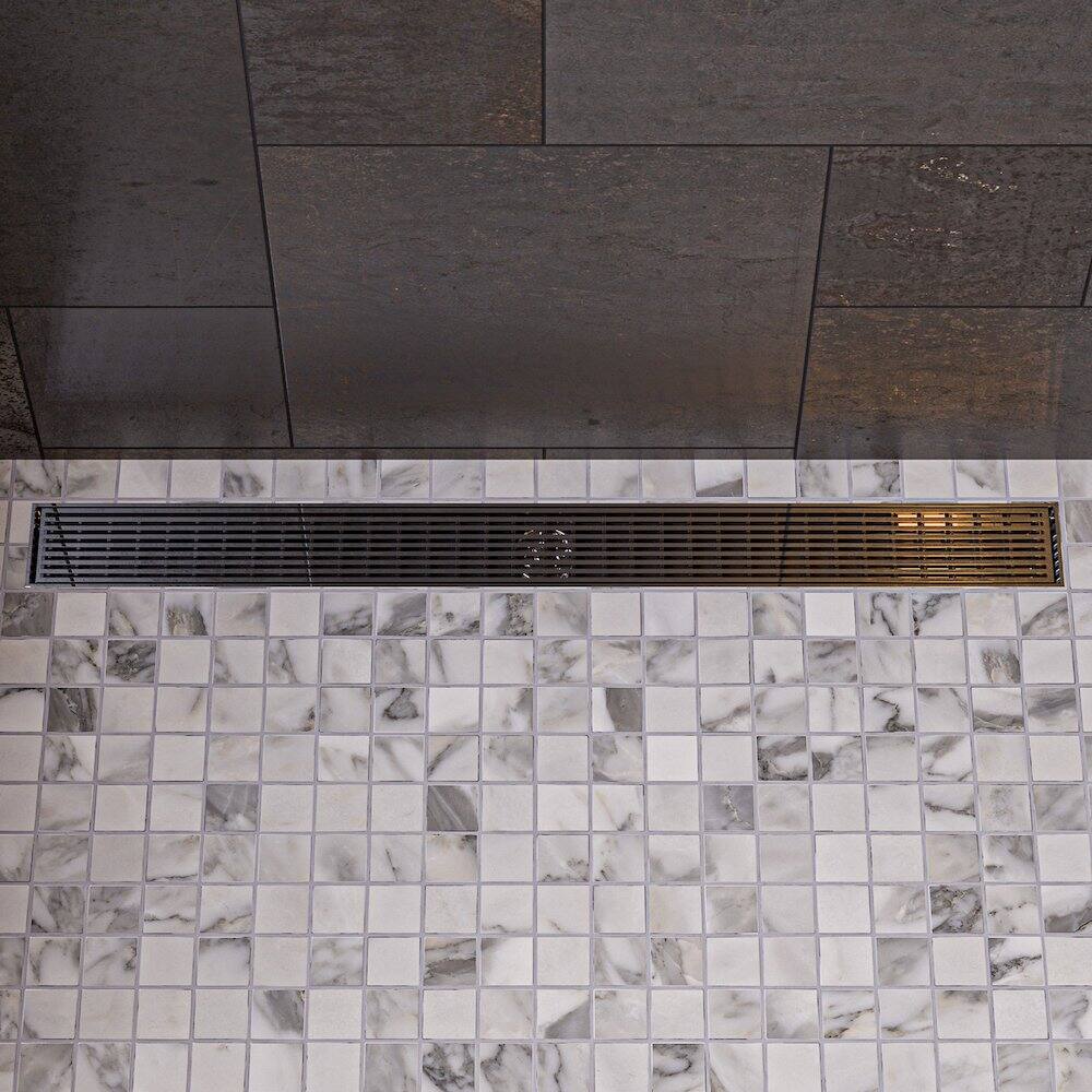 Angle. Alfi - 47" Stainless Steel Linear Shower Drain with Groove Lines - Gray.