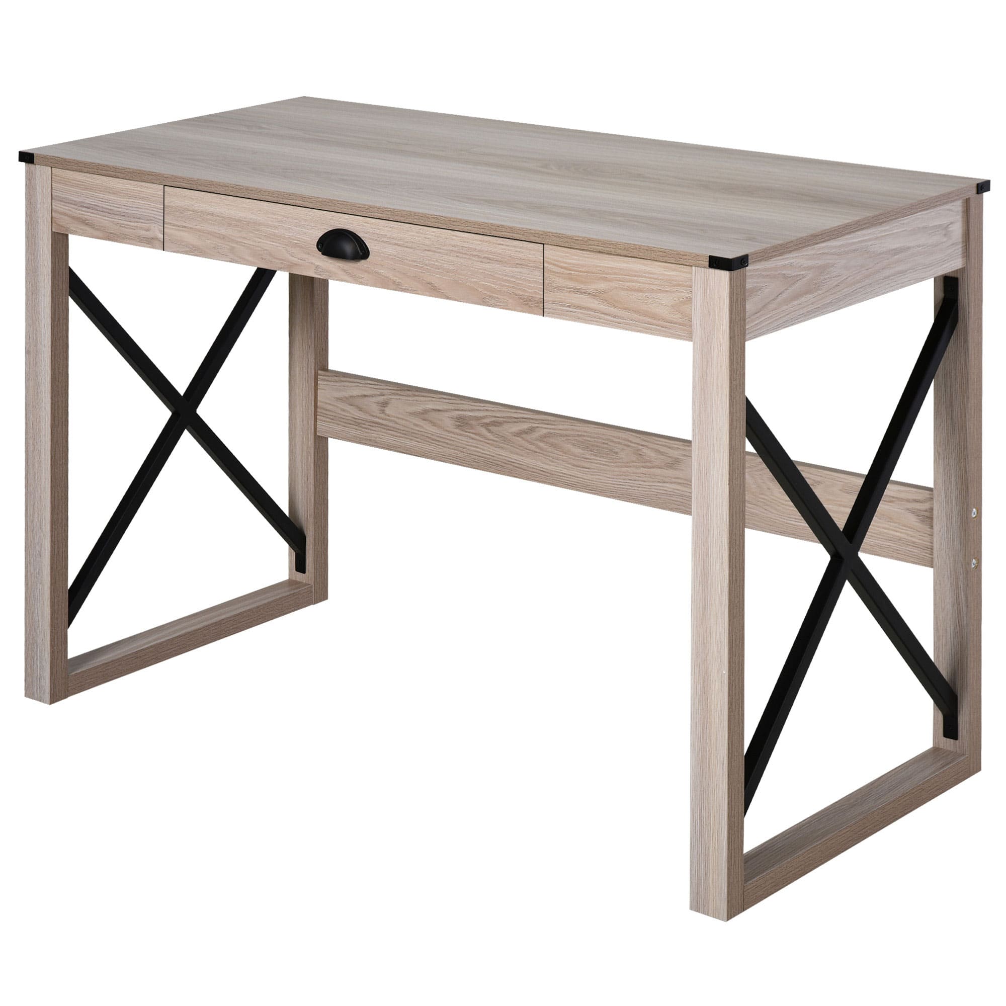 Homcom - ​​44 inch Home Office Computer Desk, Rustic Writing Desk with Storage Drawer and X-Frame​​ - Wooden Color, Black