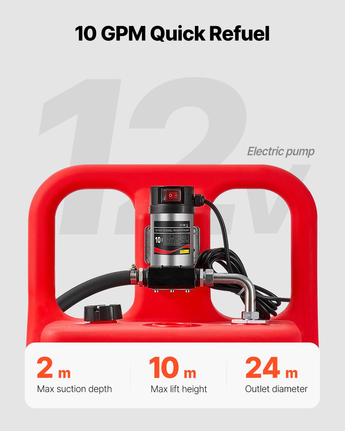 10 GPM Quick Refuel

Electric pump: TOCTECDISI TRAASFERPUMP I T - 10

2 m Max suction depth
10 m Max lift height
24 m Outlet diameter