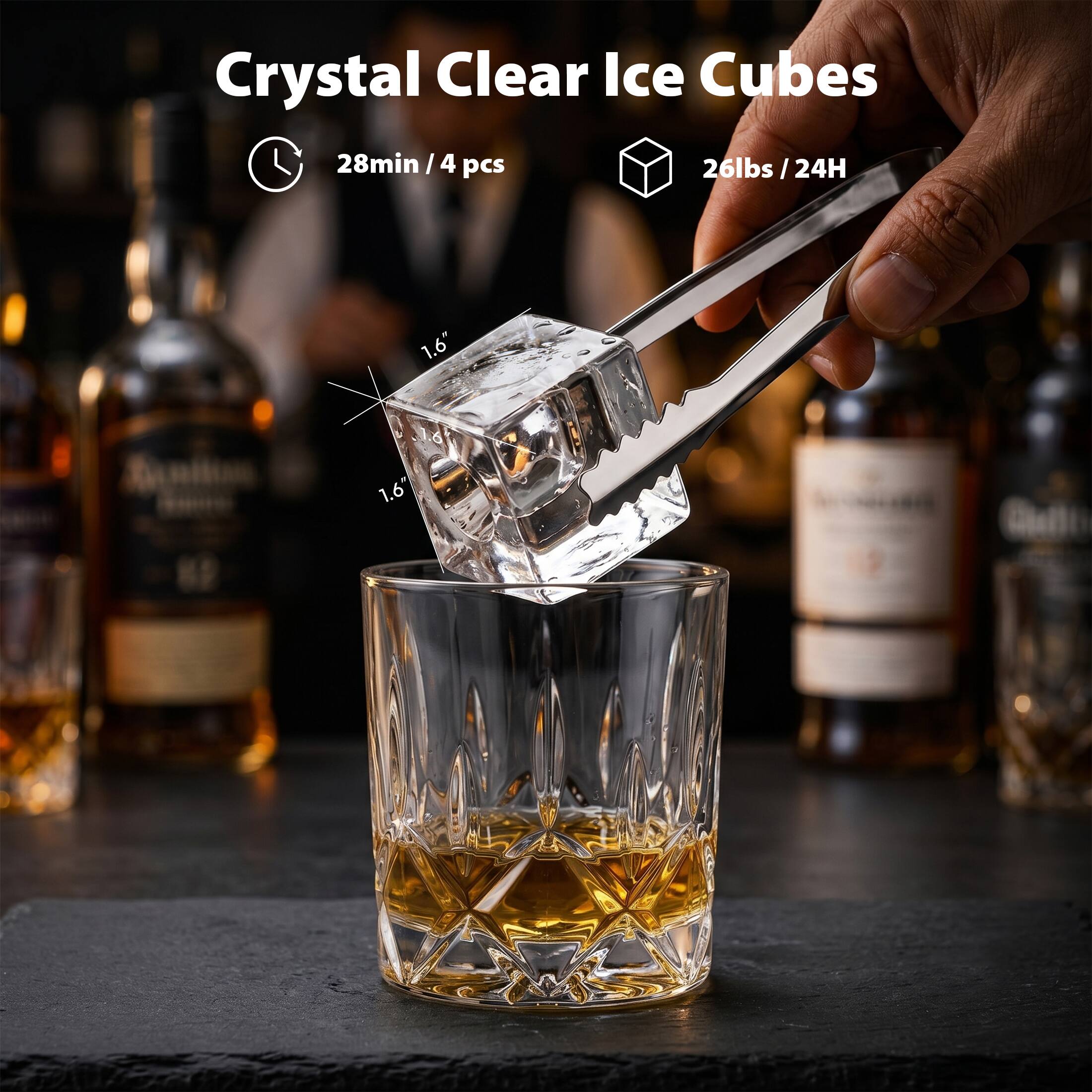 Crystal Clear Ice Cubes  
28min / 4 pcs  
26lbs / 24H  
1.6" x 1.6"