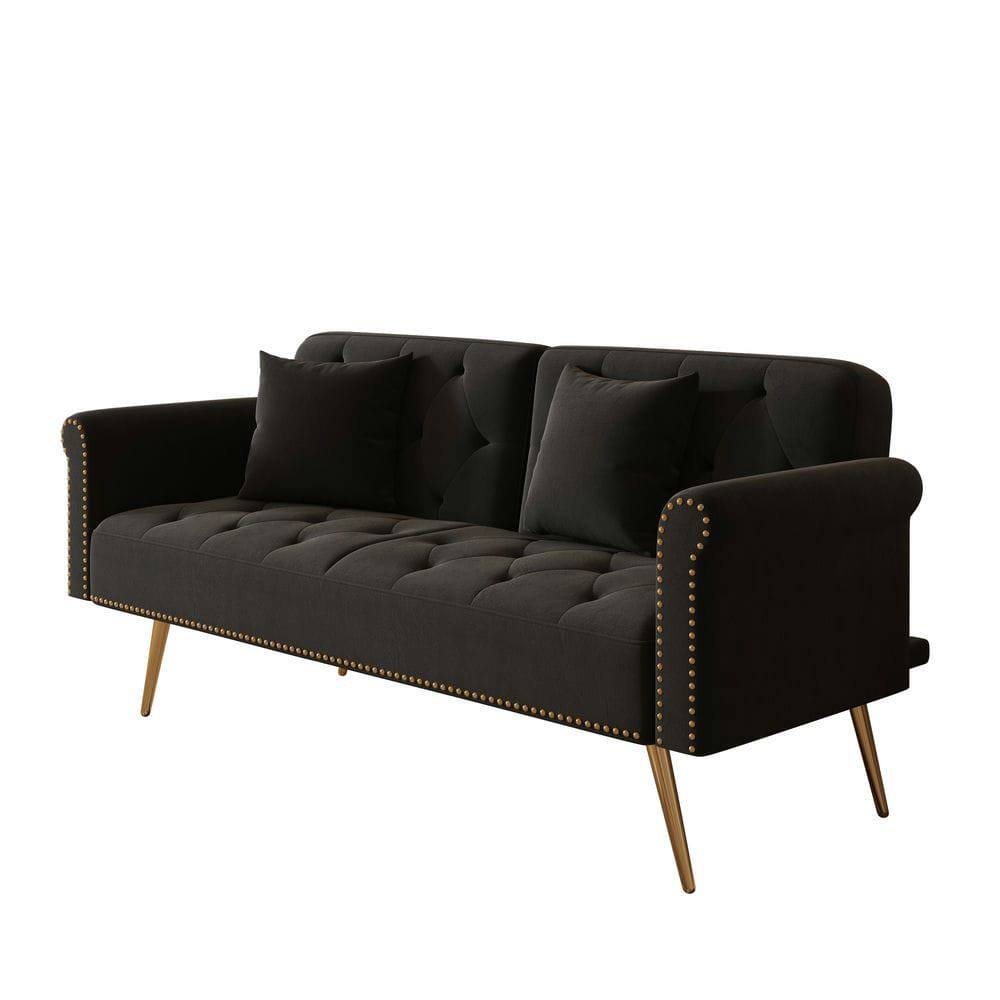 Alt View 6. Kadyn - 69.7" Velvet Sofa Bed with Nail Head Trim & Matching Throw Pillow - Black.
