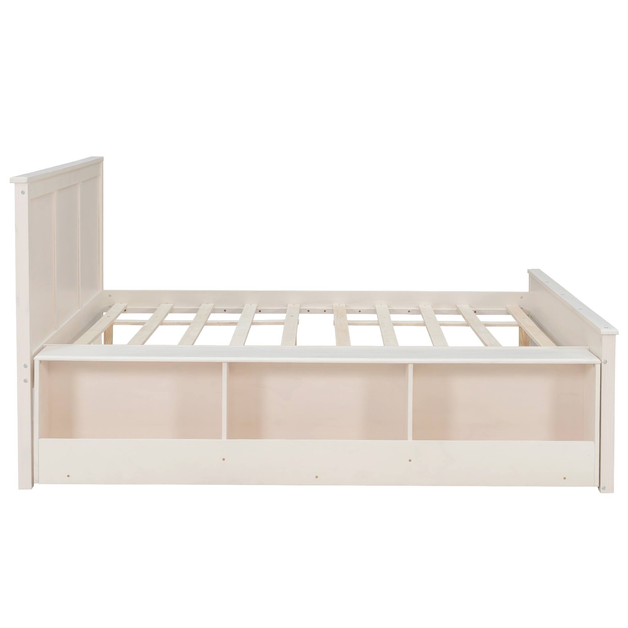 Angle. Whisen - Wood Platform Bed with Pull-Out Trundle and Storage Shelves,Extendable Bed - Cream White.