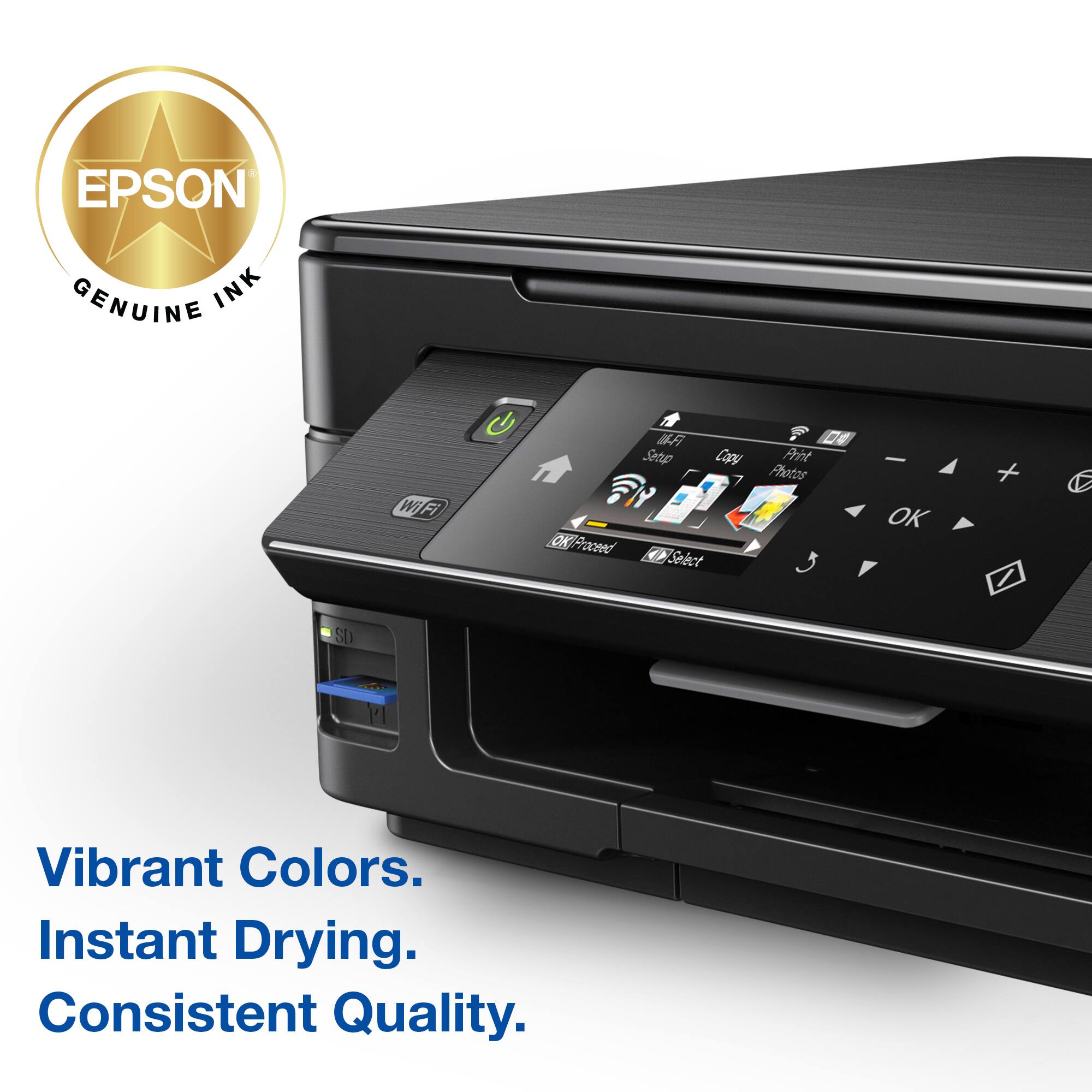 EPSON GENUINE INK WiFI G F Setup Copy 7 OK KProseed 1 Sebet DE Prit Photos  OK + SD 1 Vibrant Colors. Instant Drying. Consistent Quality.