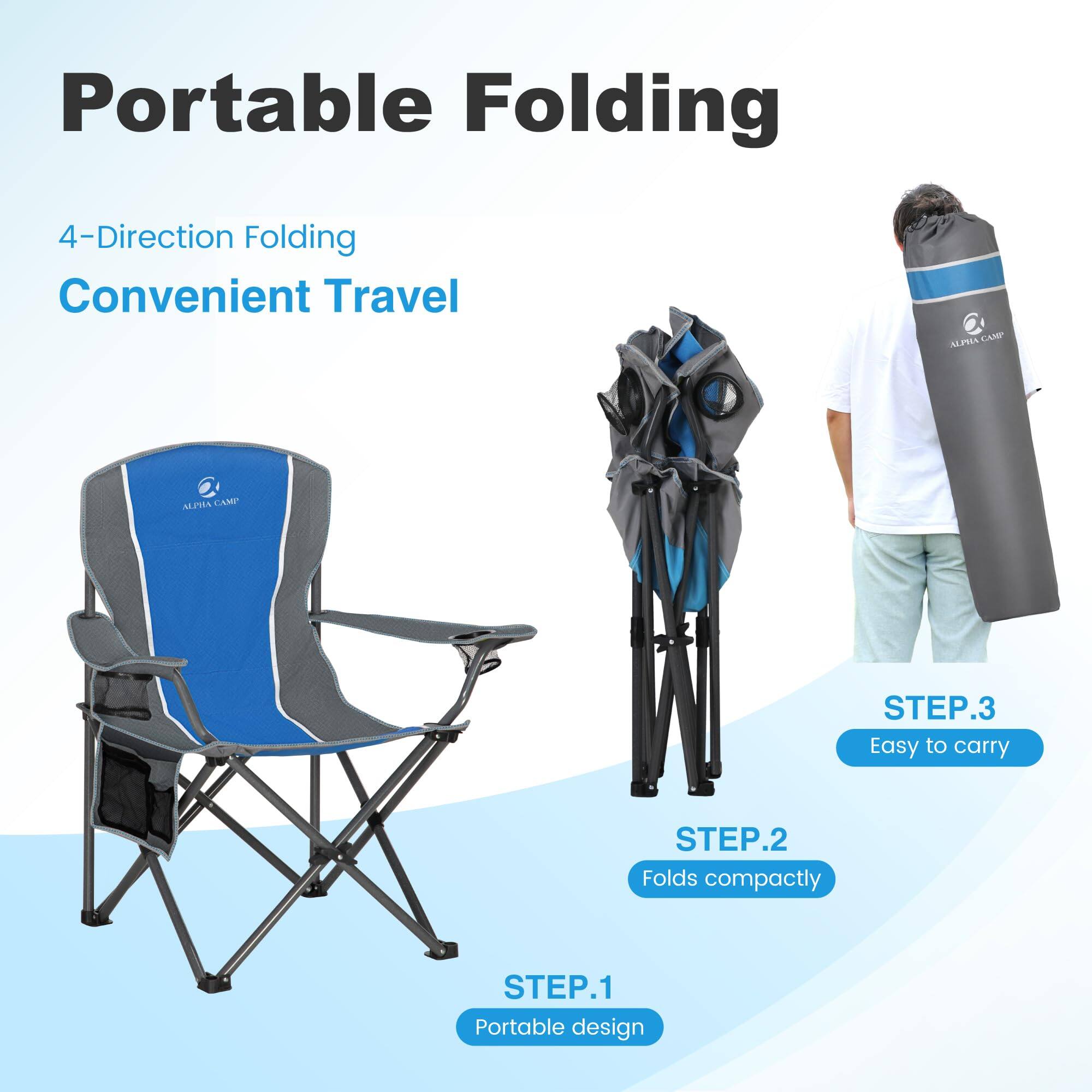 Portable Folding

4-Direction Folding  
Convenient Travel

STEP.1  
Portable design

STEP.2  
Folds compactly

STEP.3  
Easy to carry