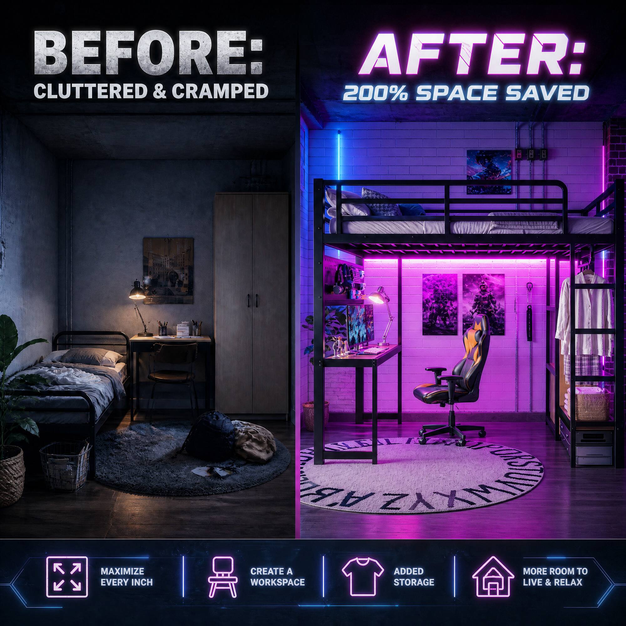 BEFORE: CLUTTERED & CRAMPED  
AFTER: 200% SPACE SAVED  

MAXIMIZE EVERY INCH  
CREATE A WORKSPACE  
ADDED STORAGE  
MORE ROOM TO LIVE & RELAX