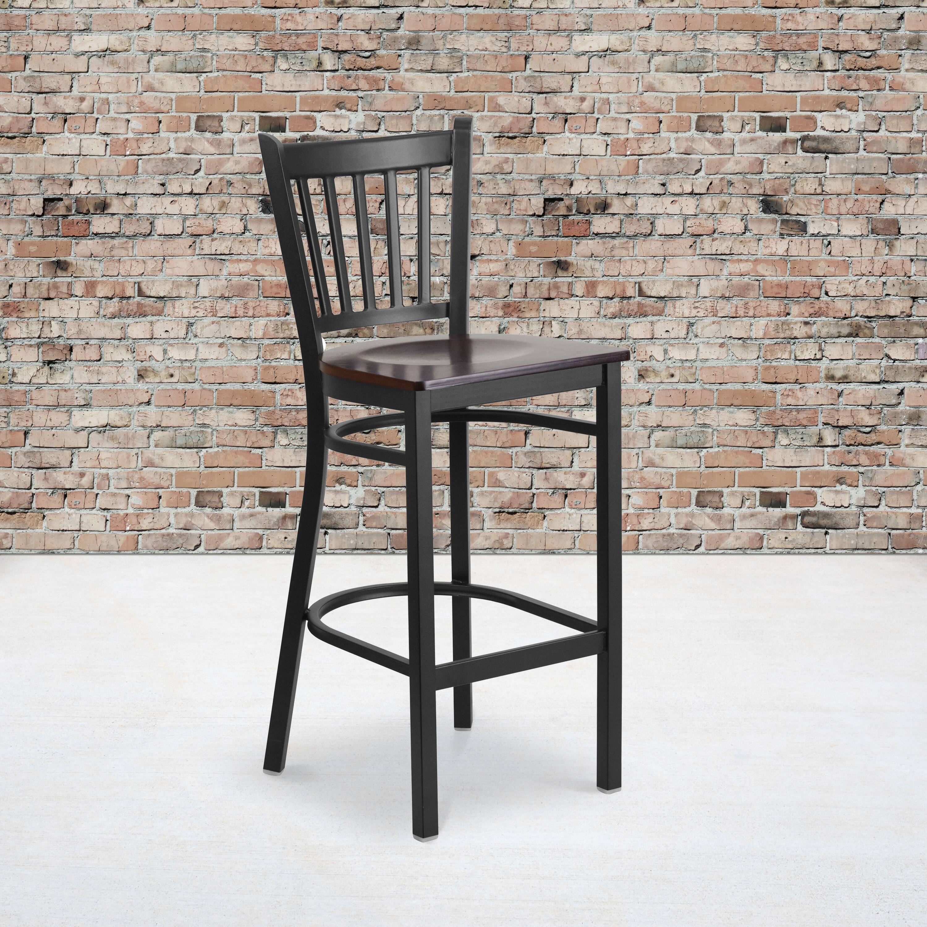 Angle. Flash Furniture - HERCULES Series Black Vertical Back Metal Restaurant Barstool - Walnut Wood Seat - Brown.