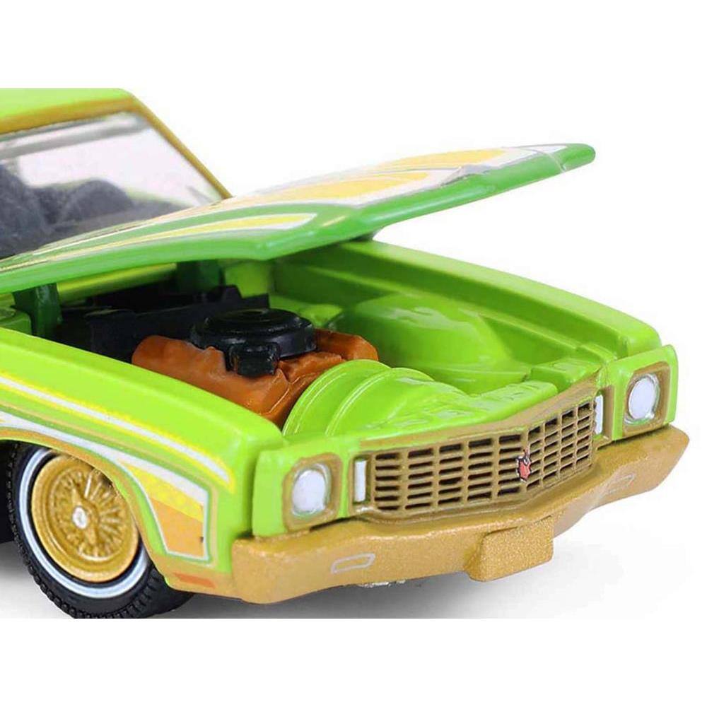 Angle. Greenlight - 1970 Chevrolet Monte Carlo Lowrider Michael Heralda Special Edition Lime Green Graphics 1/64 Hobby Exclusive Series - Lime Green.