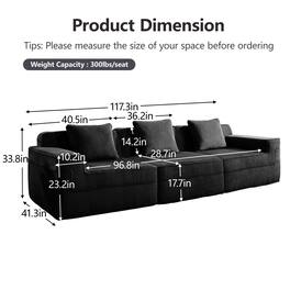 Roomtec - Modular 3 Seat Boneless Sofa Cloud Sectional Couch with Deep Seat Modern Modular 3Seat Sofa Couch with Throw Pillows - Black