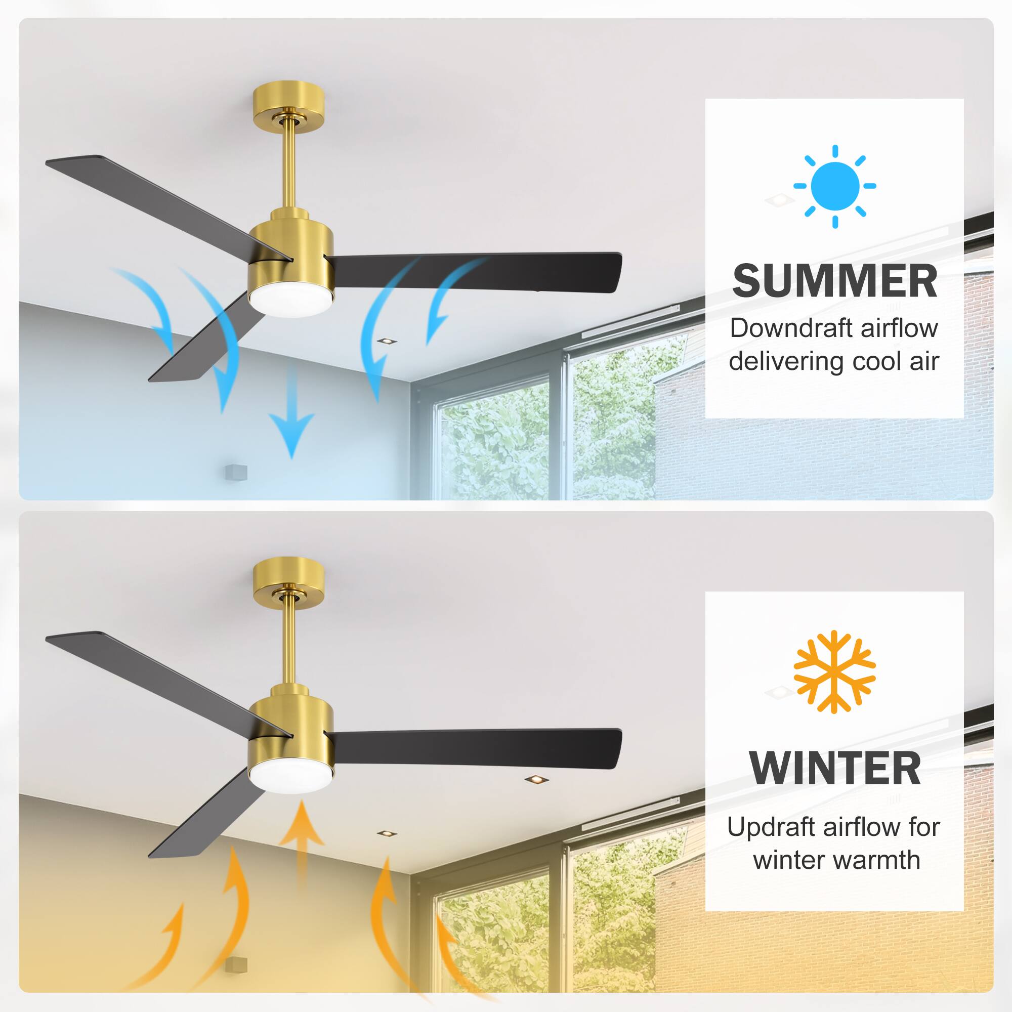 SUMMER  
Downdraft airflow delivering cool air  

WINTER  
Updraft airflow for winter warmth