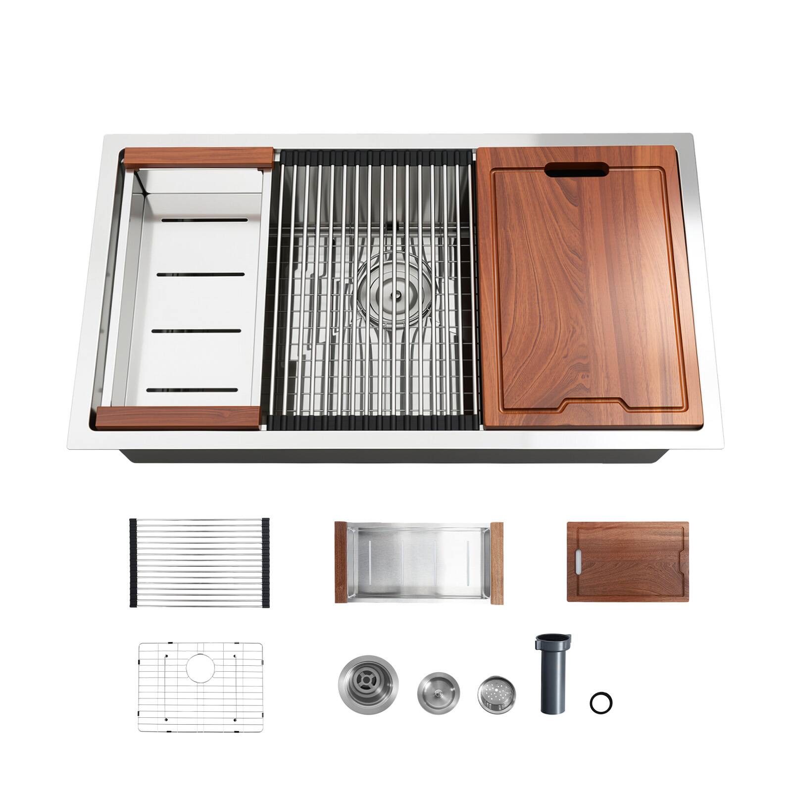 Alt View 5. VEVOR - 33-inch Kitchen Undermount Single Bowl Sinks, Stainless Steel Drop-In Farmhouse Basin with Ledge & Accessories - Silver.