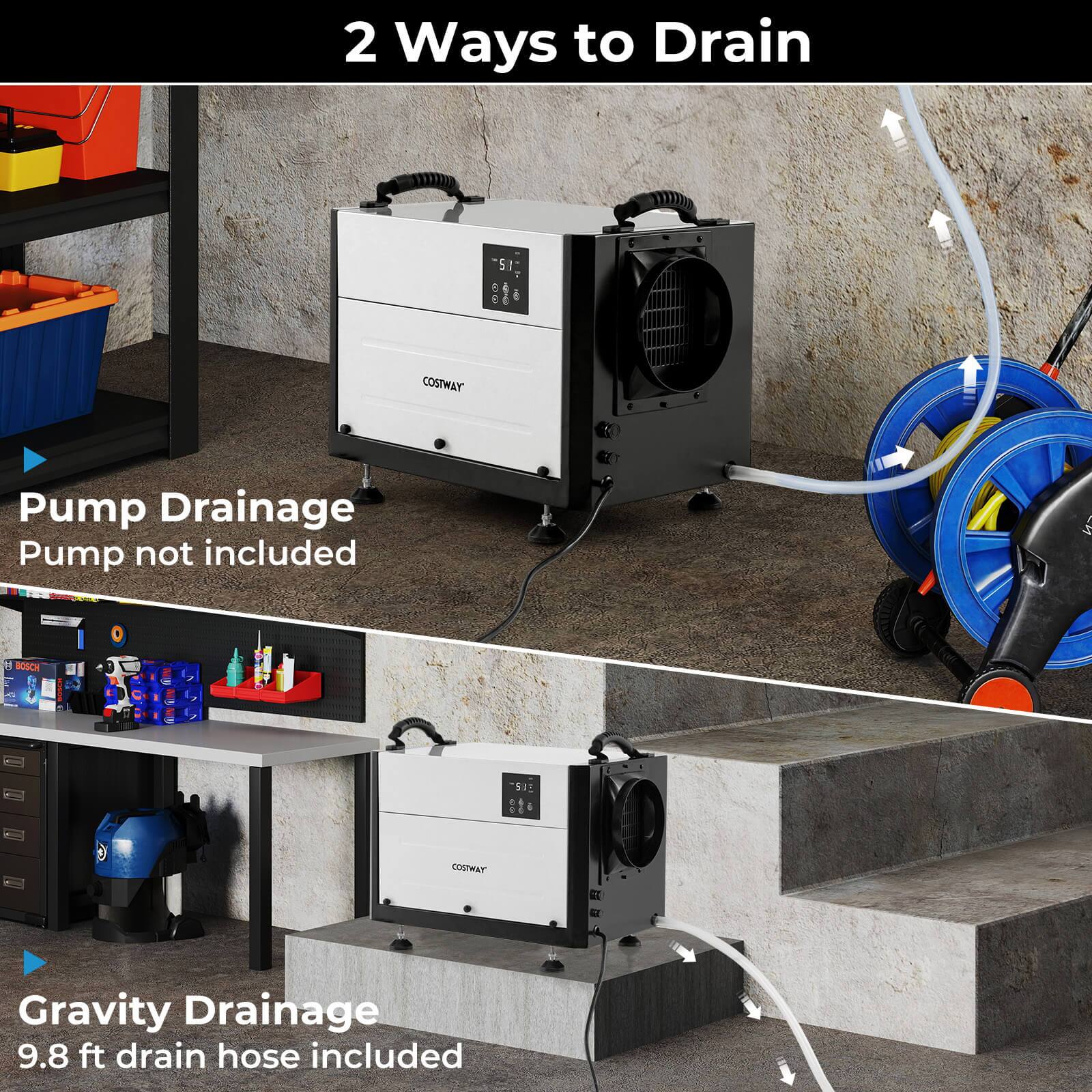 2 Ways to Drain

Pump Drainage  
Pump not included

Gravity Drainage  
9.8 ft drain hose included