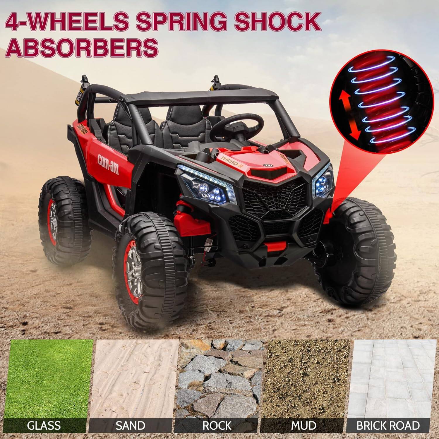 4-WHEELS SPRING SHOCK ABSORBERS

com-am

GLASS
SAND
ROCK
MUD
BRICK ROAD