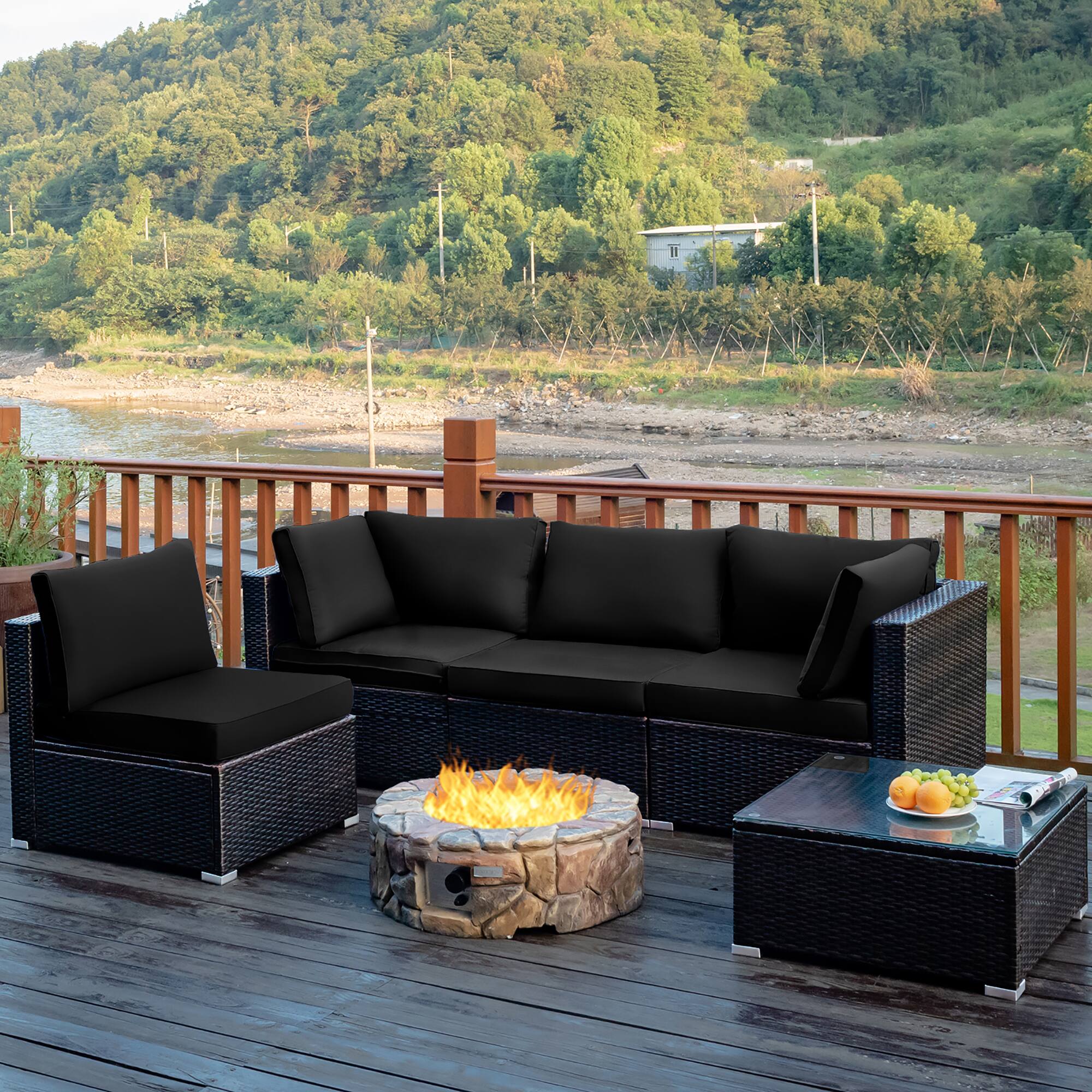 Alt View 1. Costway - 5PCS Patio Rattan Furniture Set Cushioned Sofa Chair Coffee Table - Black.