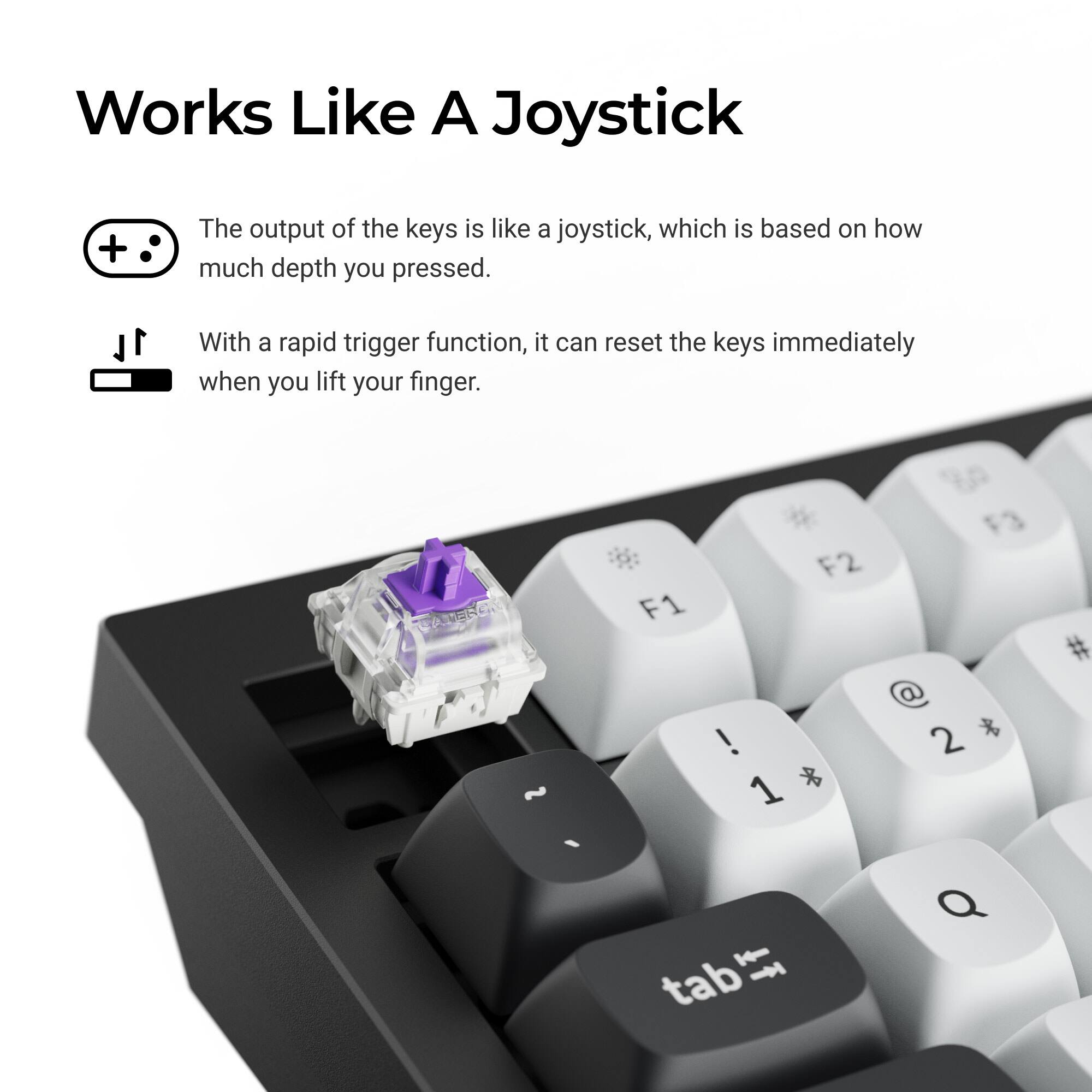 Works Like A Joystick

The output of the keys is like a joystick, which is based on how much depth you pressed.

With a rapid trigger function, it can reset the keys immediately when you lift your finger.
