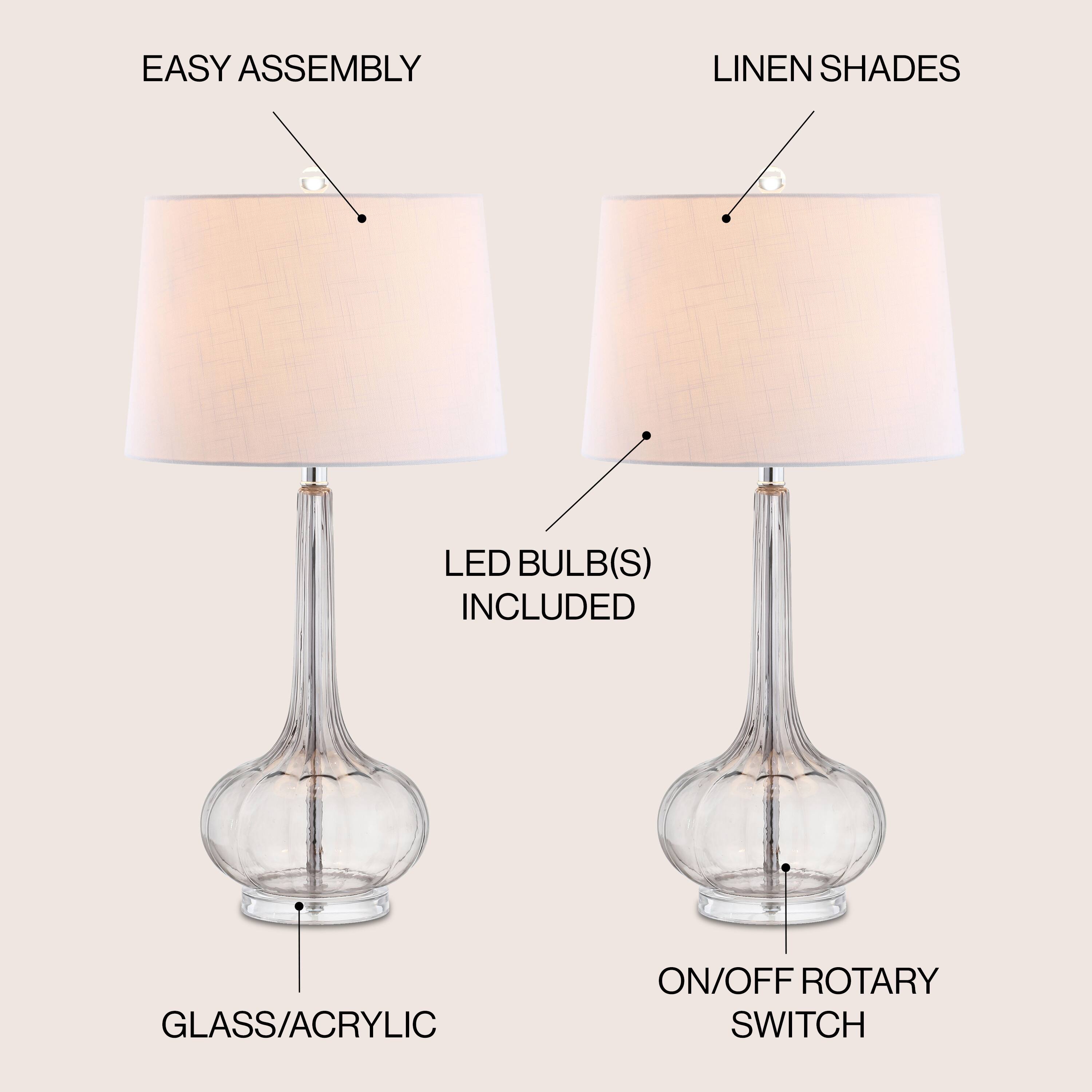 - EASY ASSEMBLY
- LINEN SHADES
- LED BULB(S) INCLUDED
- GLASS/ACRYLIC
- ON/OFF ROTARY SWITCH