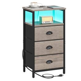 Empire DigiLabs - Nightstand With Charging Station Led 3 Fabric Drawers Pu Finish Bedside End Tables 2-tier Open Storage Shel - Gray