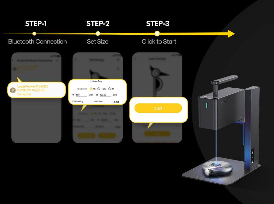 STEP-1: Bluetooth Connection  
LaserPecker-1106CDE  
DC:0D:30:10:6C:DE  
Connected  

STEP-2: Set Size  
Auto Crop  
Resolution: 1K, 1.3K, 2K  
W 100 mm  
H 100.00 mm  
File Naming: grnd  

STEP-3: Click to Start  
Start