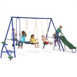 Outsunny - Swing Set, Backyard, 5 in 1 Heavy-Duty A-Frame Stand, Outdoor Playset, 29.5" Saucer Swing, Slide, Seesaw, Glider