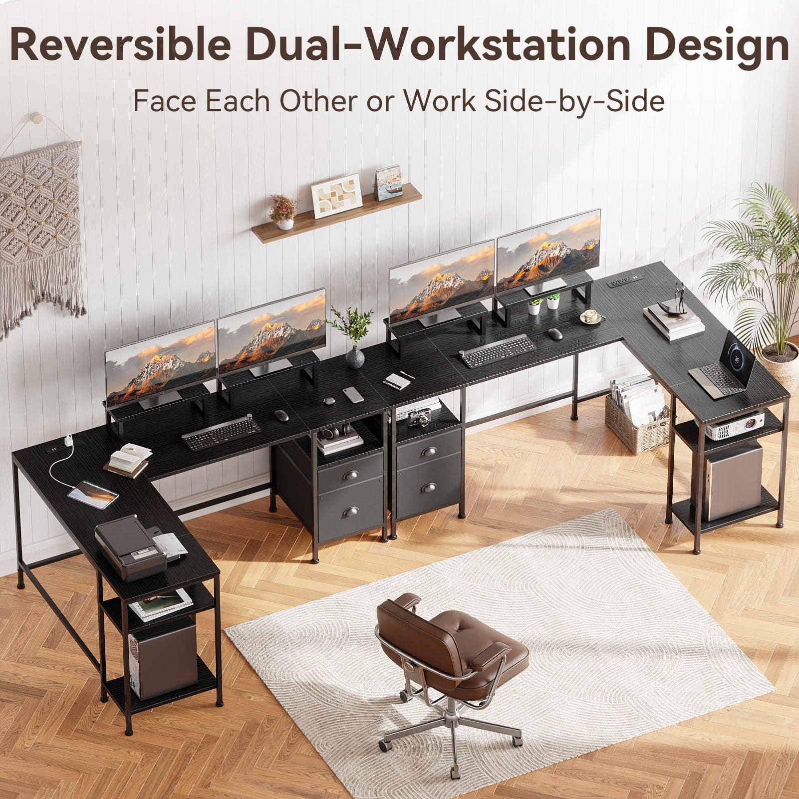 Furnulem - 66 Inch LShaped Computer Desk with Dual Monitor Stands Power Outlet Cabinet Drawers Metal Base Gaming Writing Desk - Black