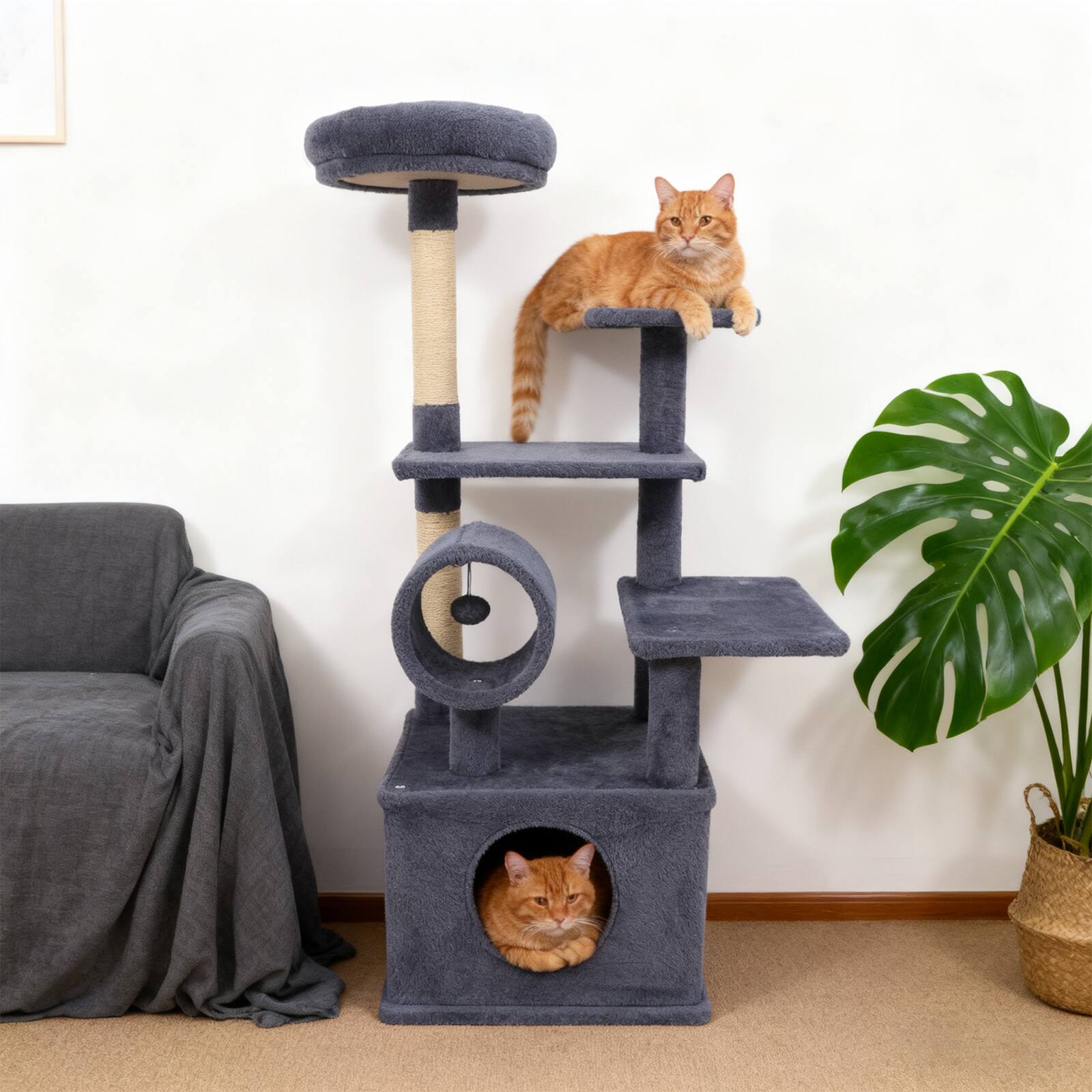 Alt View 3. Gymax - Gymax 48'' Tall Cat Tree w/ Large Condo Padded Top Perch Jute Scratching Post Tunnel Dark Grey.