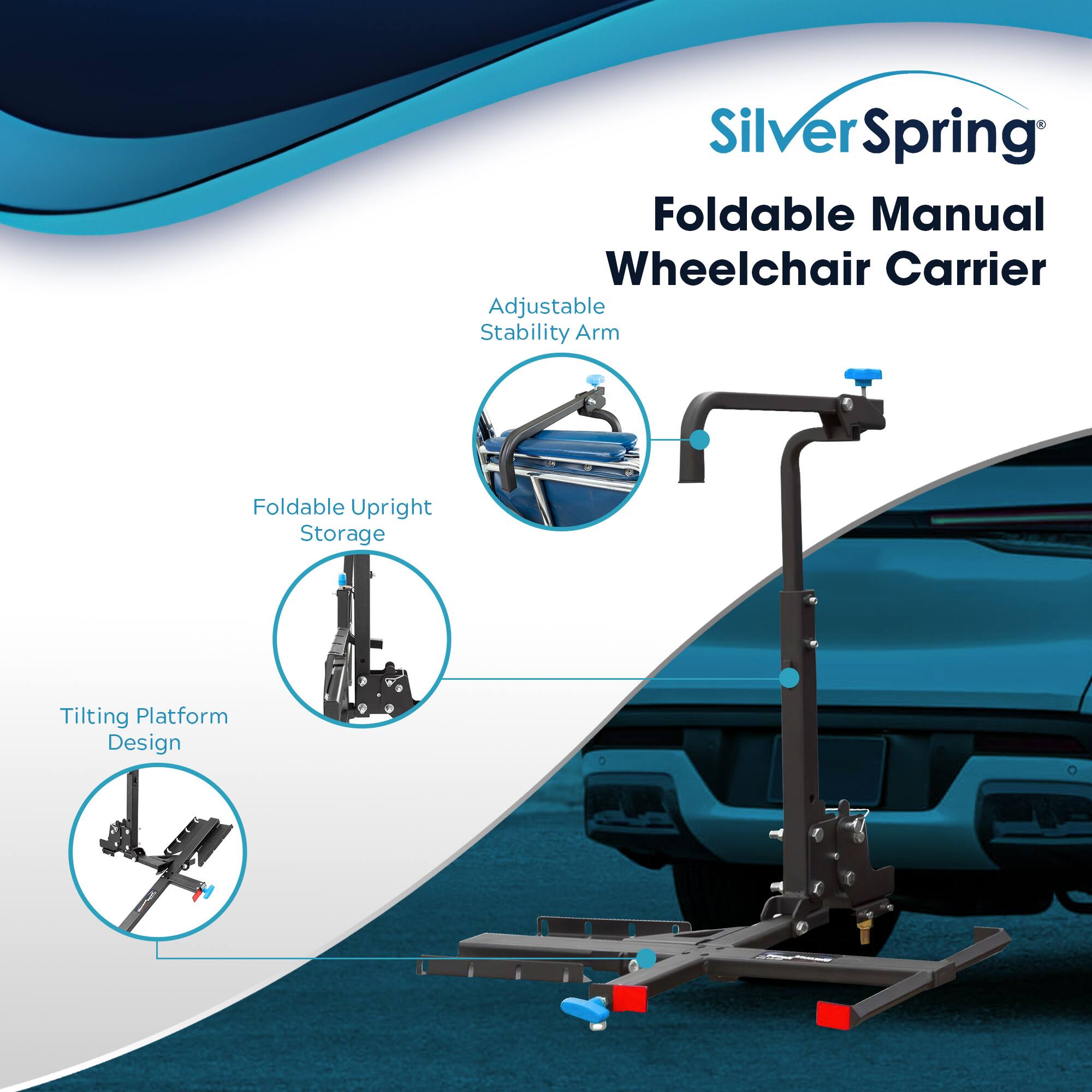 Silver Spring Foldable Manual Wheelchair Carrier Adjustable Stability Arm Foldable Upright Storage Tilting Platform Design
