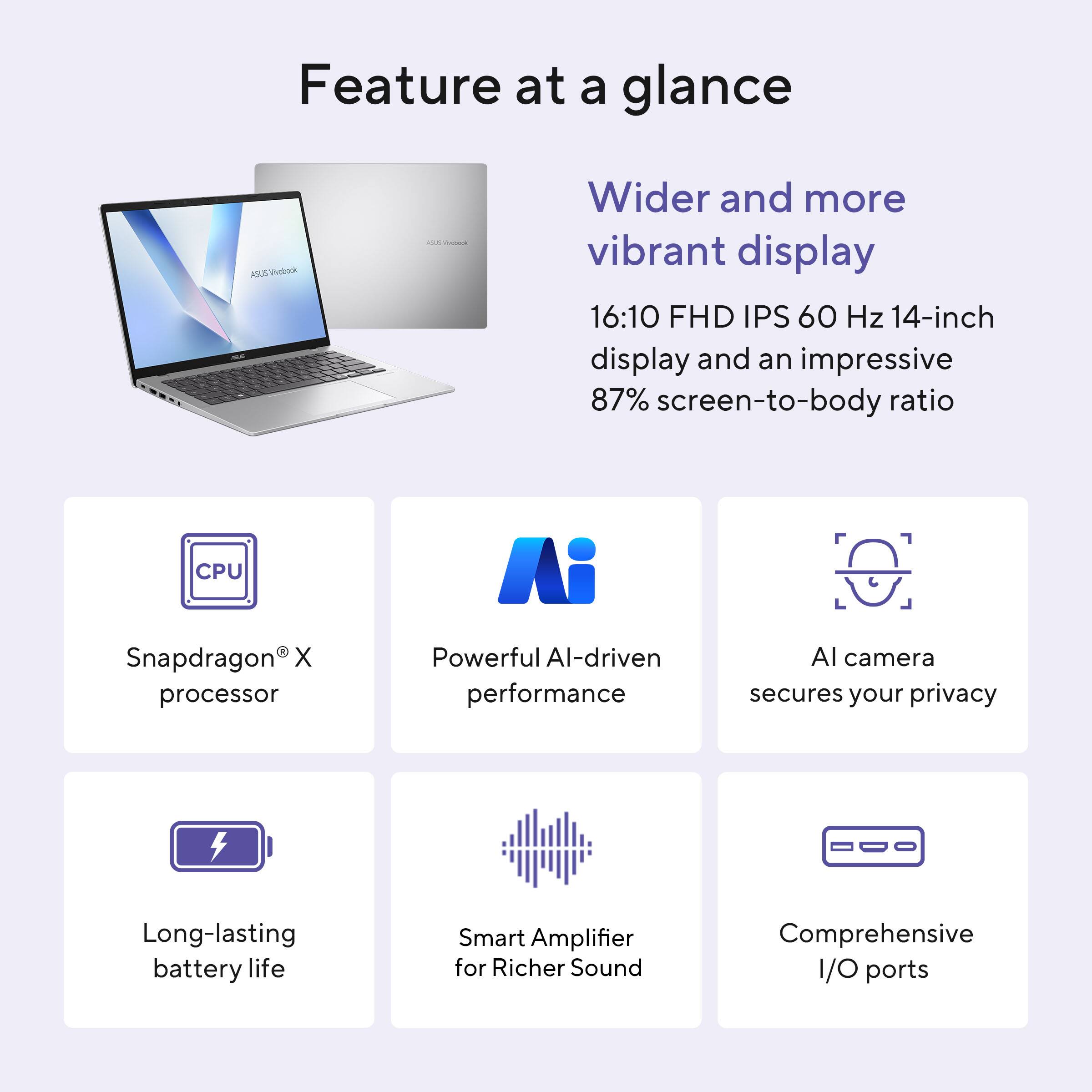 Feature at a glance

ASUS Vivabook

Wider and more vibrant display
16:10 FHD IPS 60 Hz 14-inch display and an impressive 87% screen-to-body ratio

CPU
Snapdragon X processor

Powerful AI-driven performance

AI camera secures your privacy

Long-lasting battery life

Smart Amplifier for Richer Sound

Comprehensive I/O ports