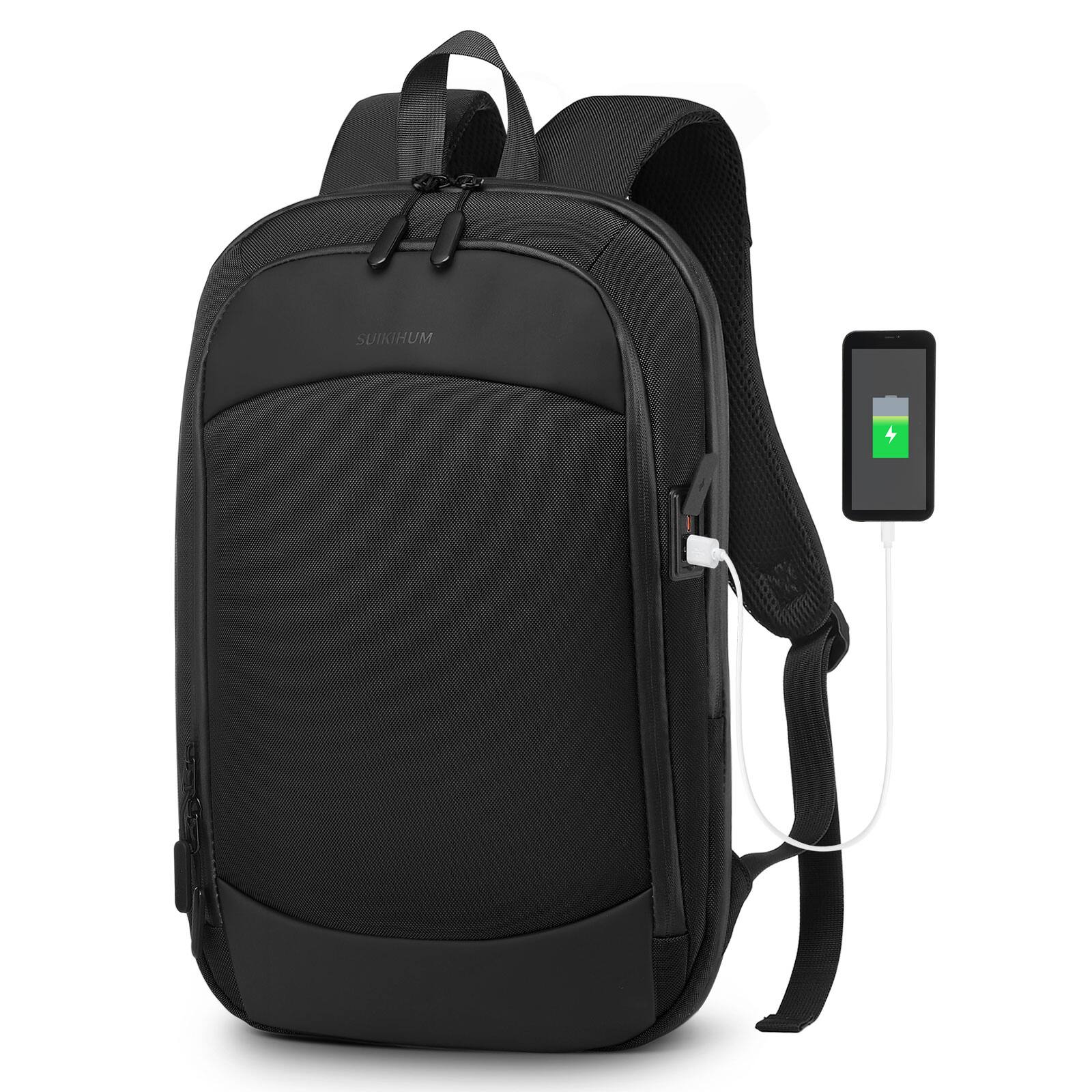 Front. Unique Bargains - Slim 15.6" Expandable Business Travel Laptop Backpack, Shock-Absorbing Protection, Water-Resistant Zippers - Black.