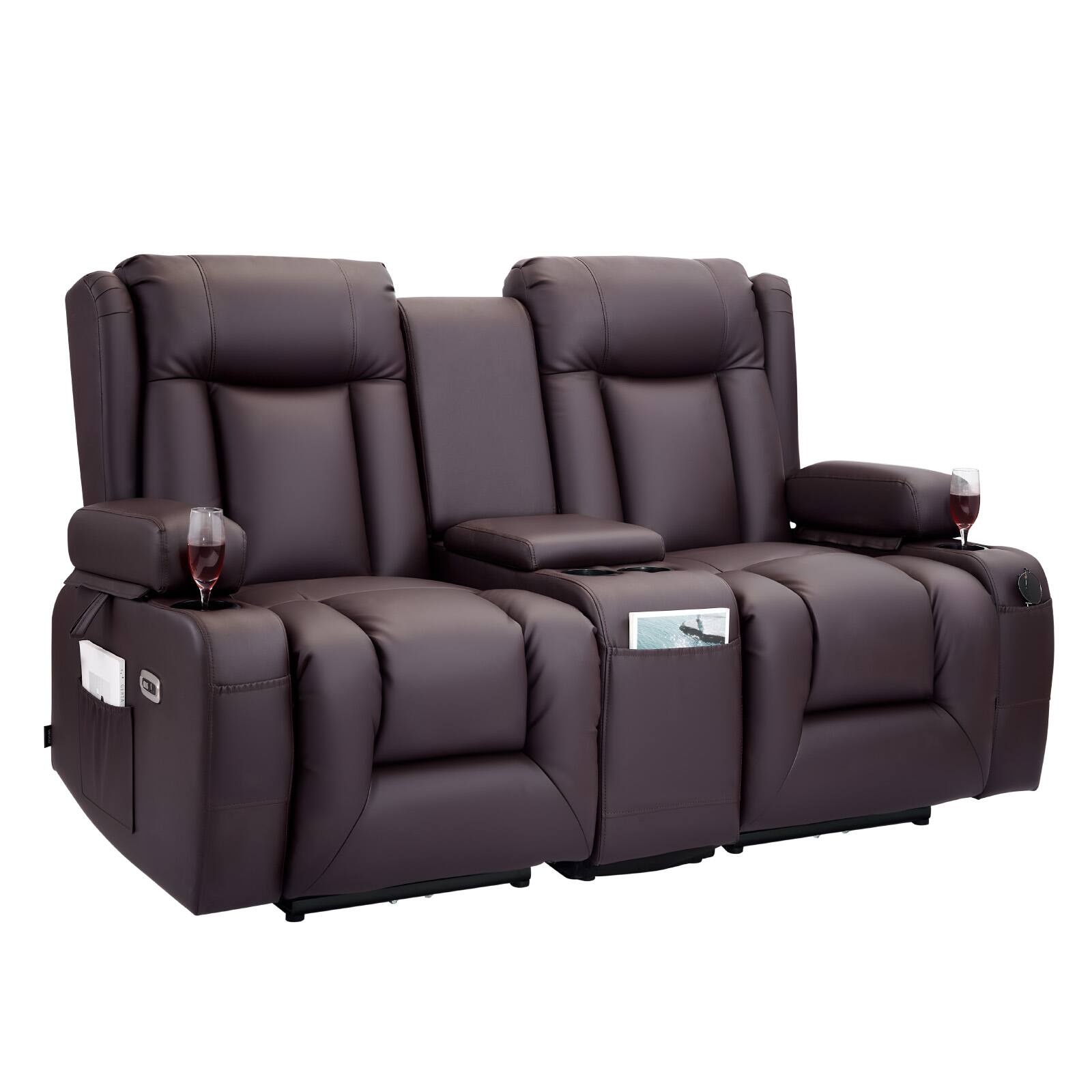 Alt View 5. VEVOR - Loveseat Recliner Sofa, Power Reclining Couch with Heating & Massage and Timer, PU Leather Electric Recliner Sofa - Brown.