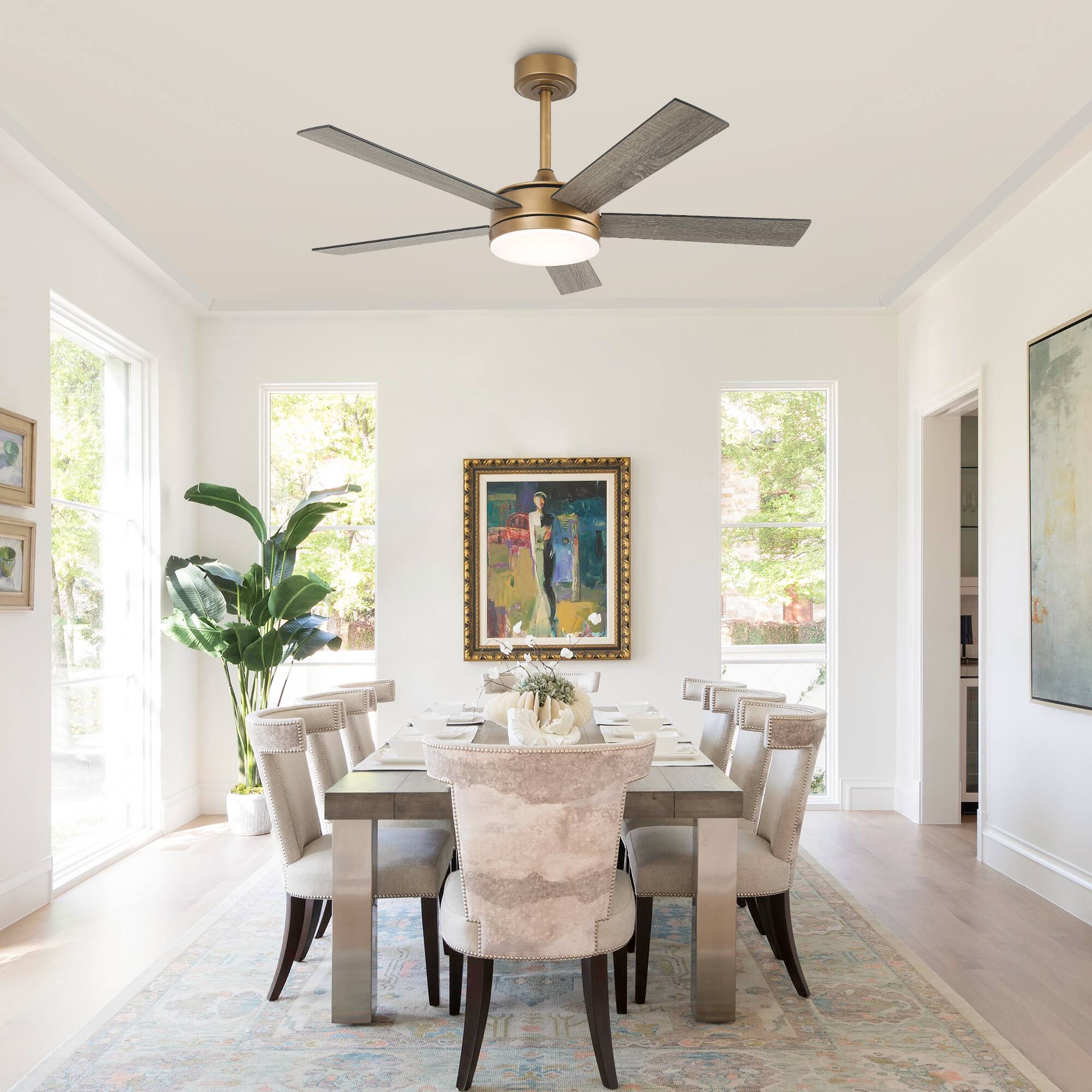 Left. Vaczon - 48" Modern Dimmable LED Smart Ceiling Fan with Light and App, Remote and Reversible Blades - Gold.