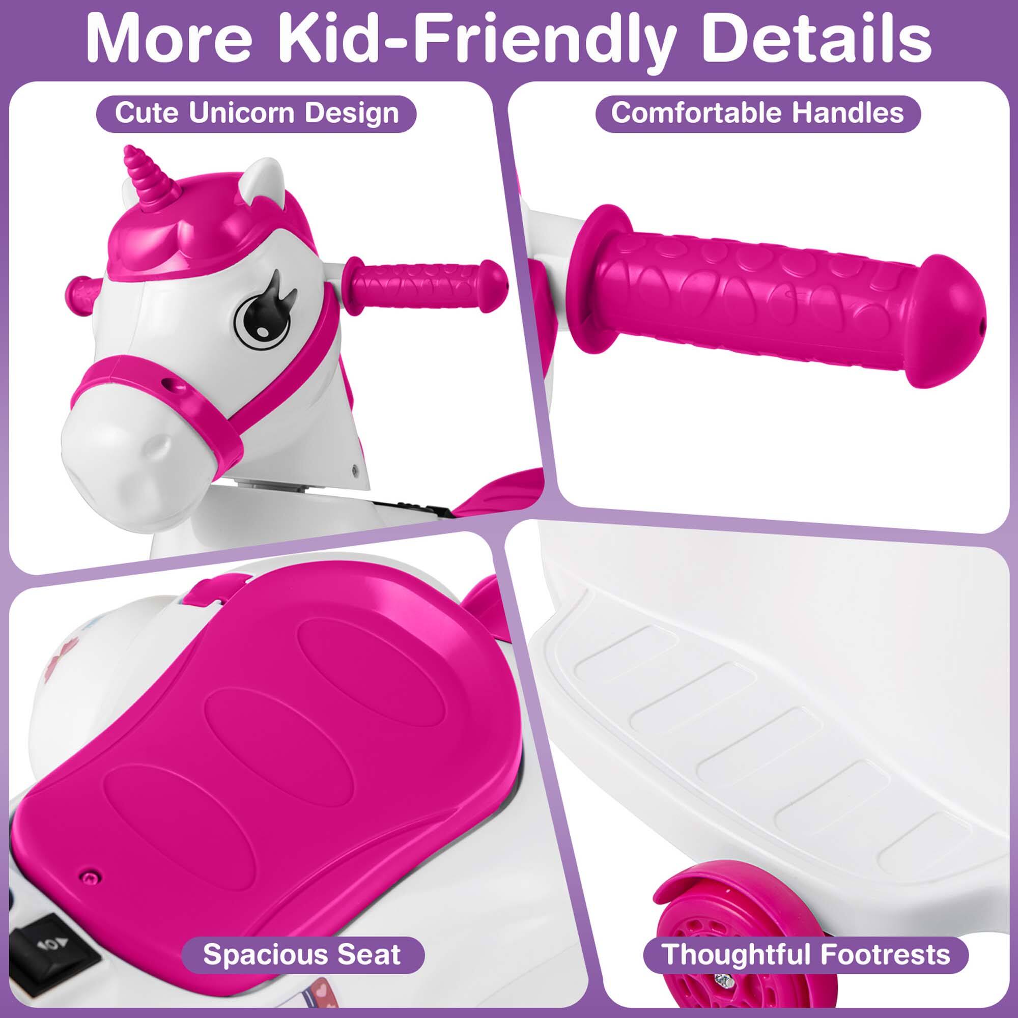 More Kid-Friendly Details

- Cute Unicorn Design
- Comfortable Handles
- Spacious Seat
- Thoughtful Footrests
