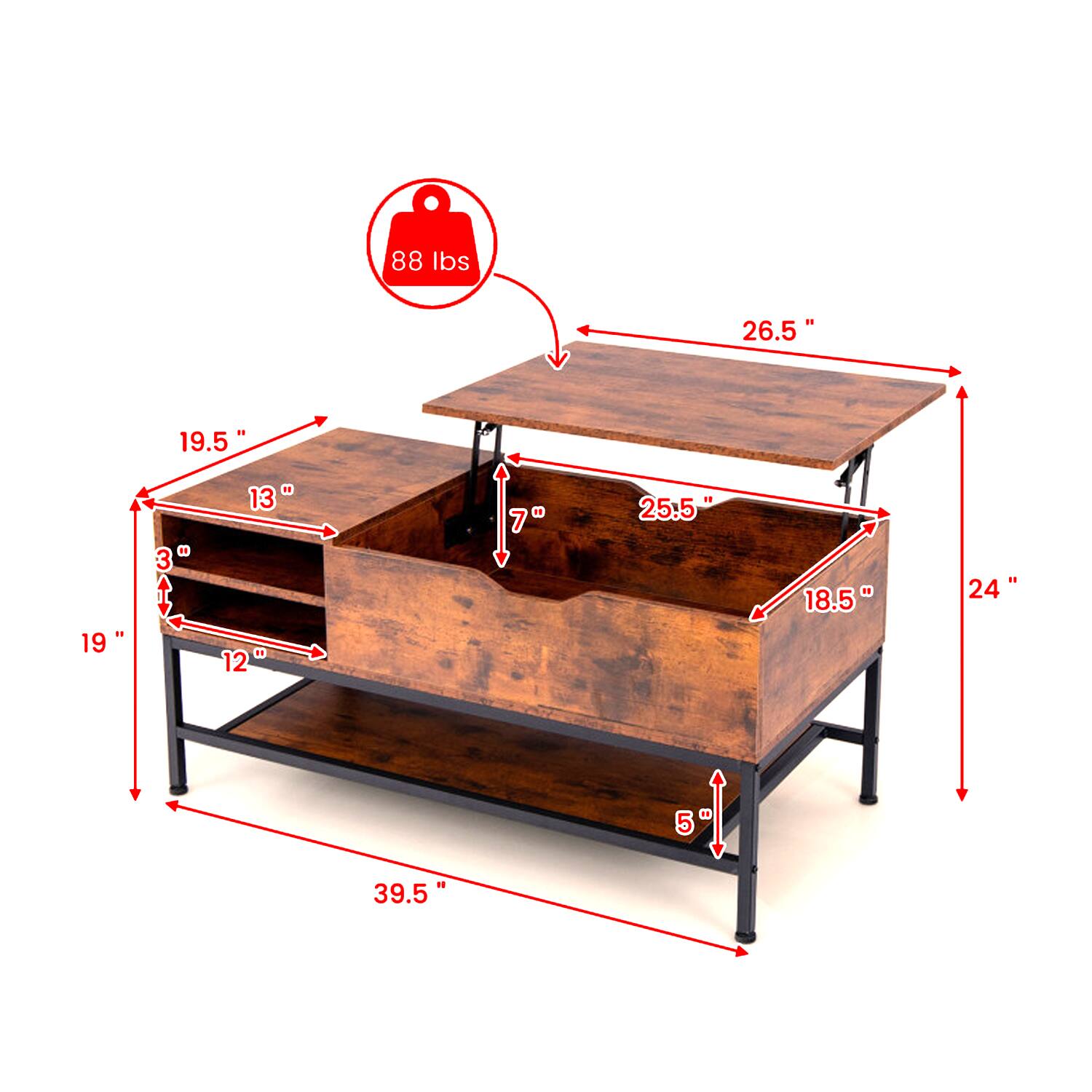 88 lbs  
26.5"  
19.5"  
19"  
3"  
13"  
12"  
7"  
25.5"  
18.5"  
24"  
5"  
39.5"