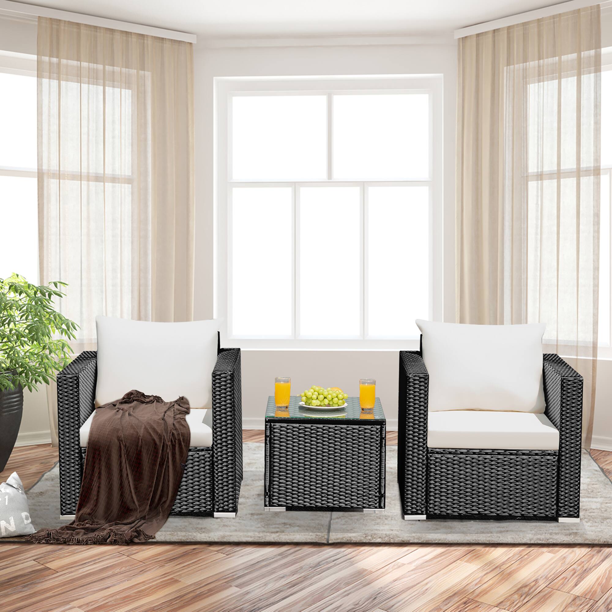 Alt View 5. Costway - 3PCS Patio wicker Furniture Set Conversation Rattan Sofa Set w/Cushion Garden - Black,White.