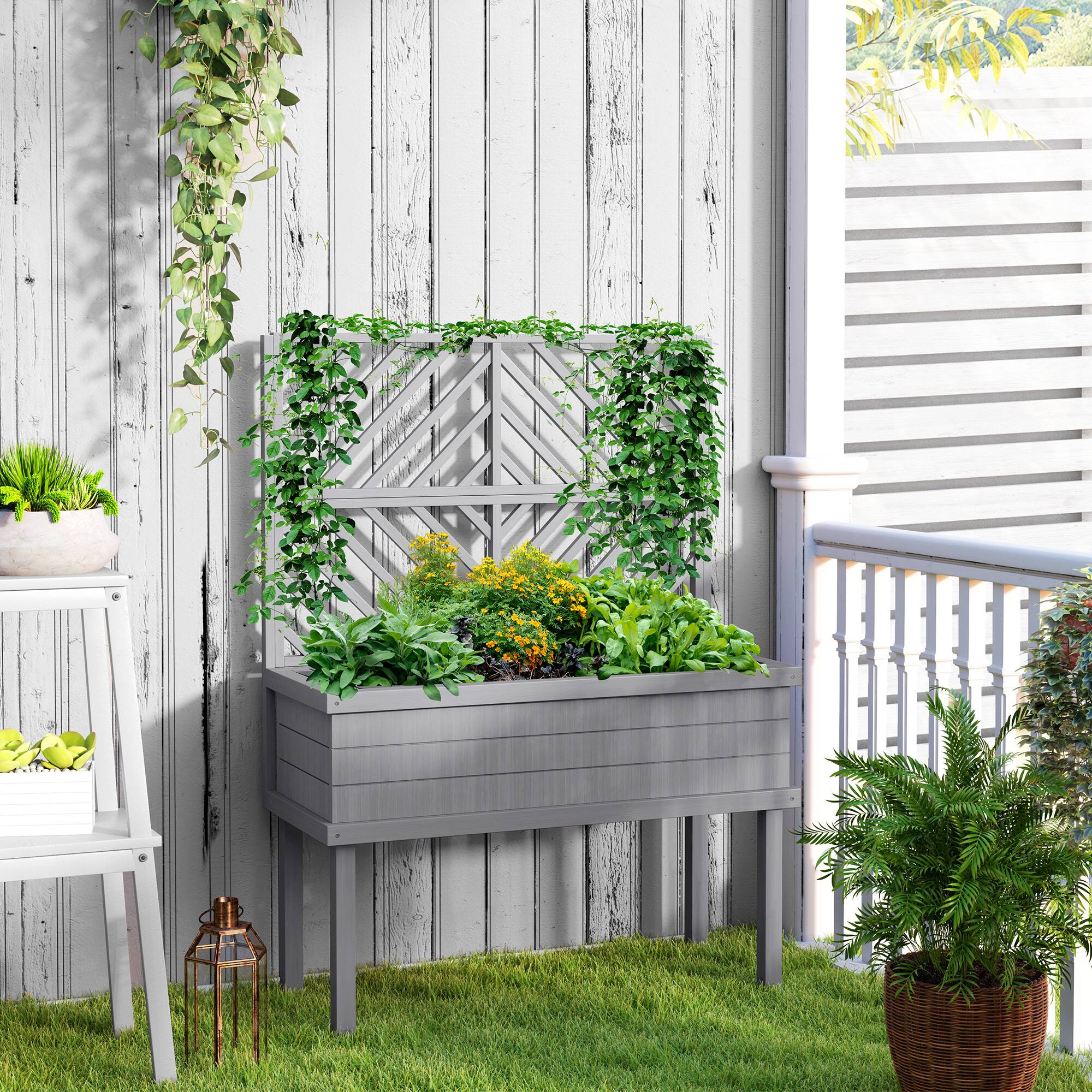Alt View 8. Outsunny - Raised Garden Bed with Trellis for Climbing Plants, Vegetable, Grape Vines, Elevated Planter Box with Legs - Gray.