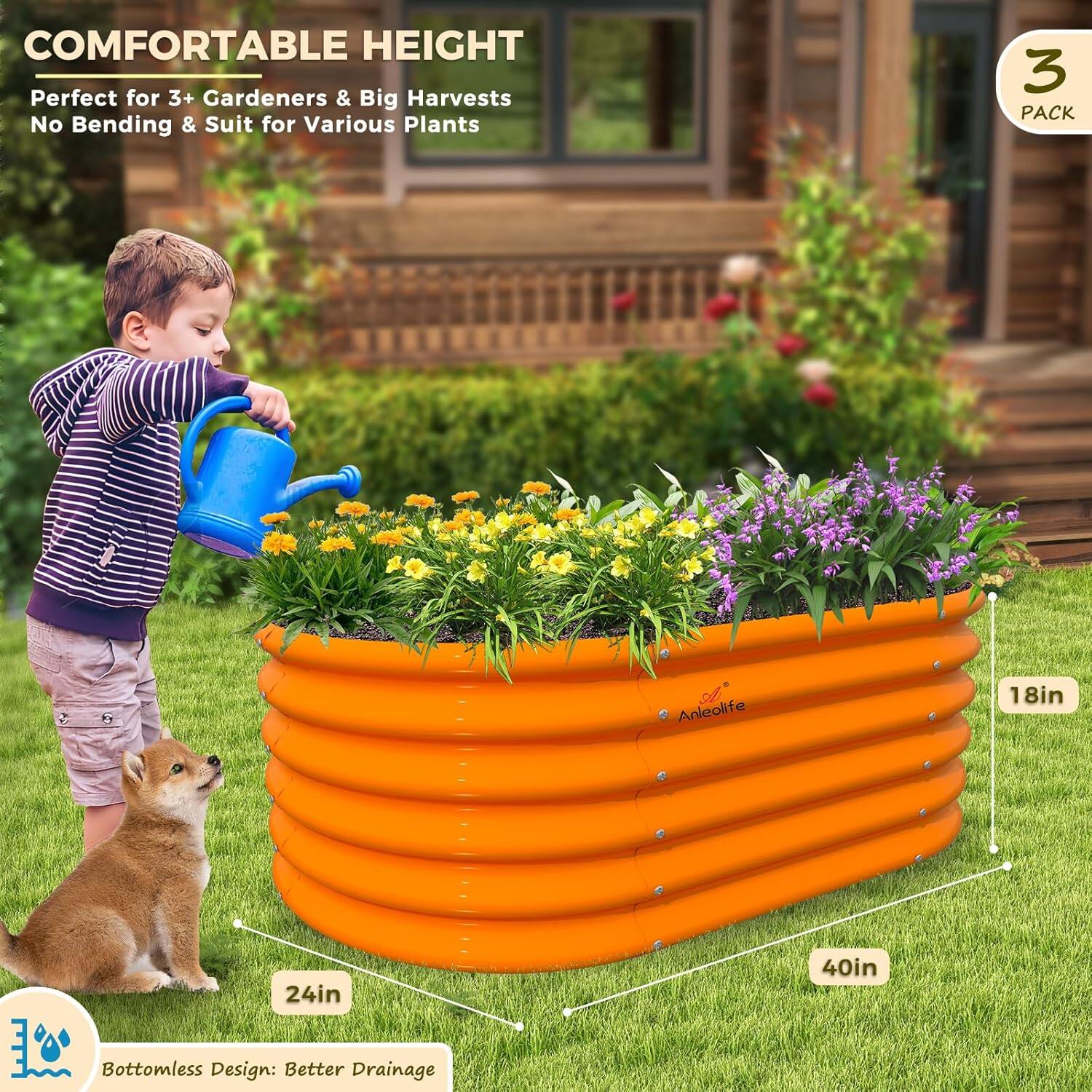 **COMFORTABLE HEIGHT**  
Perfect for 3+ Gardeners & Big Harvests  
No Bending & Suit for Various Plants  

**3 PACK**  

**Bottomless Design: Better Drainage**  

- 18in  
- 24in  
- 40in  

Anleolife