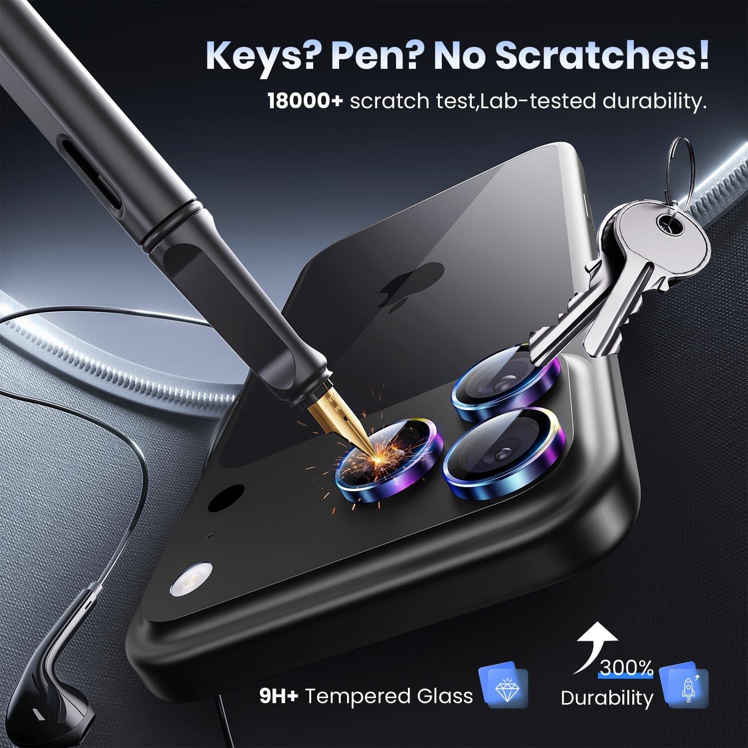 Keys? Pen? No Scratches!  
18000+ scratch test, Lab-tested durability.  
9H+ Tempered Glass  
300% Durability