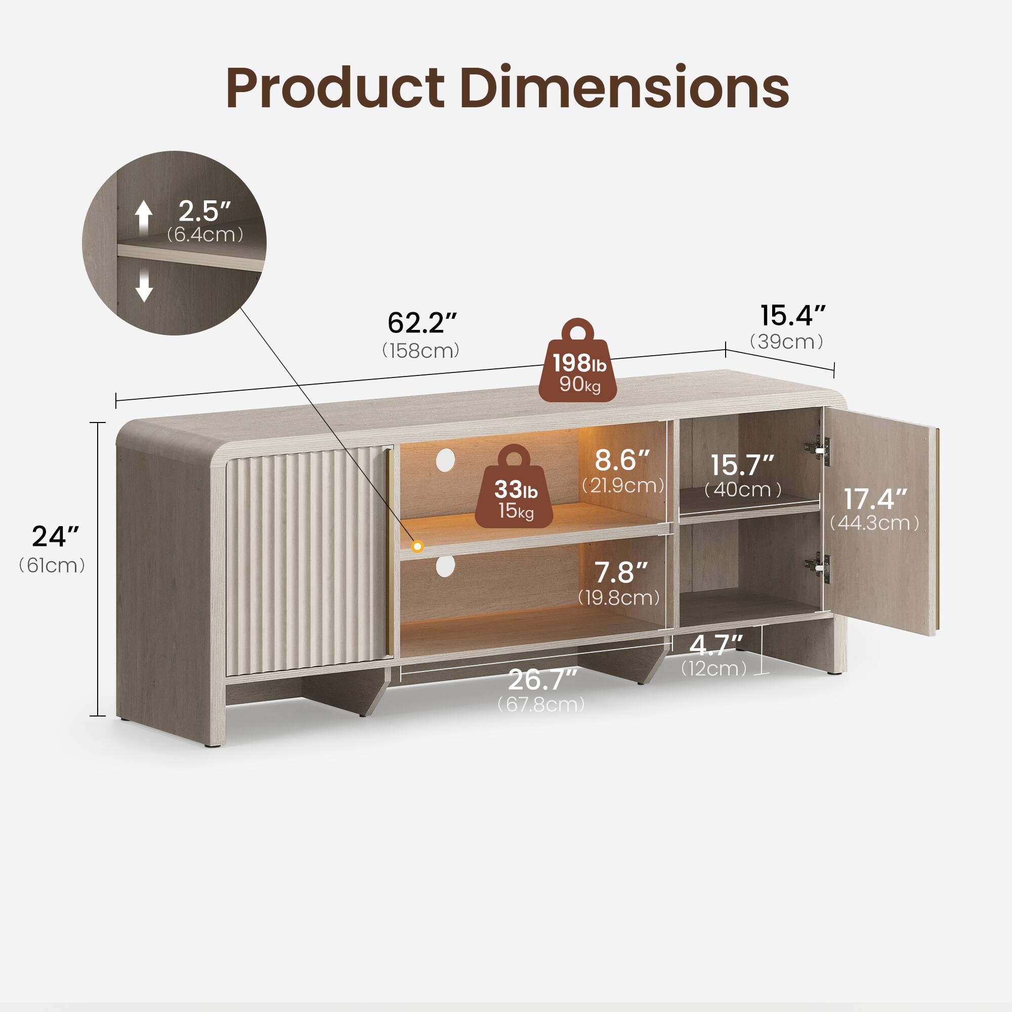 Product Dimensions

- 2.5" (6.4cm)
- 62.2" (158cm)
- 198lb (90kg)
- 15.4" (39cm)
- 24" (61cm)
- 33lb (15kg)
- 8.6" (21.9cm)
- 15.7" (40cm)
- 17.4" (44.3cm)
- 7.8" (19.8cm)
- 26.7" (67.8cm)
- 4.7" (12cm)