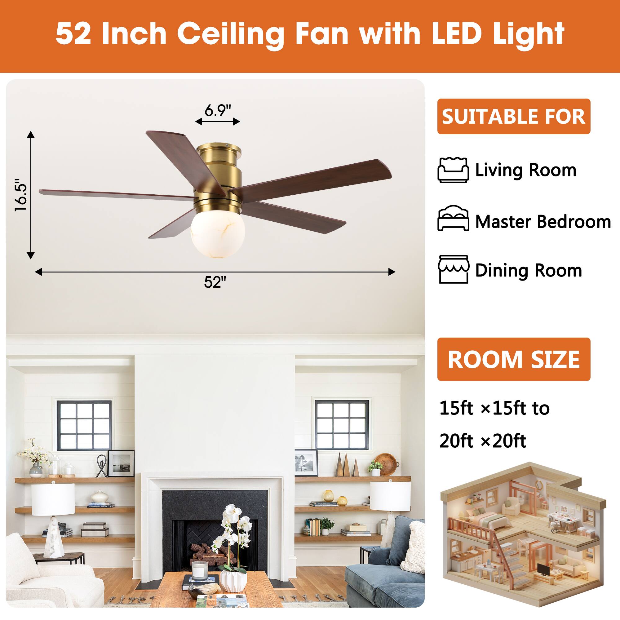 52 Inch Ceiling Fan with LED Light

6.9" SUITABLE FOR
- Living Room
- Master Bedroom
- Dining Room

ROOM SIZE
15ft x 15ft to 20ft x 20ft